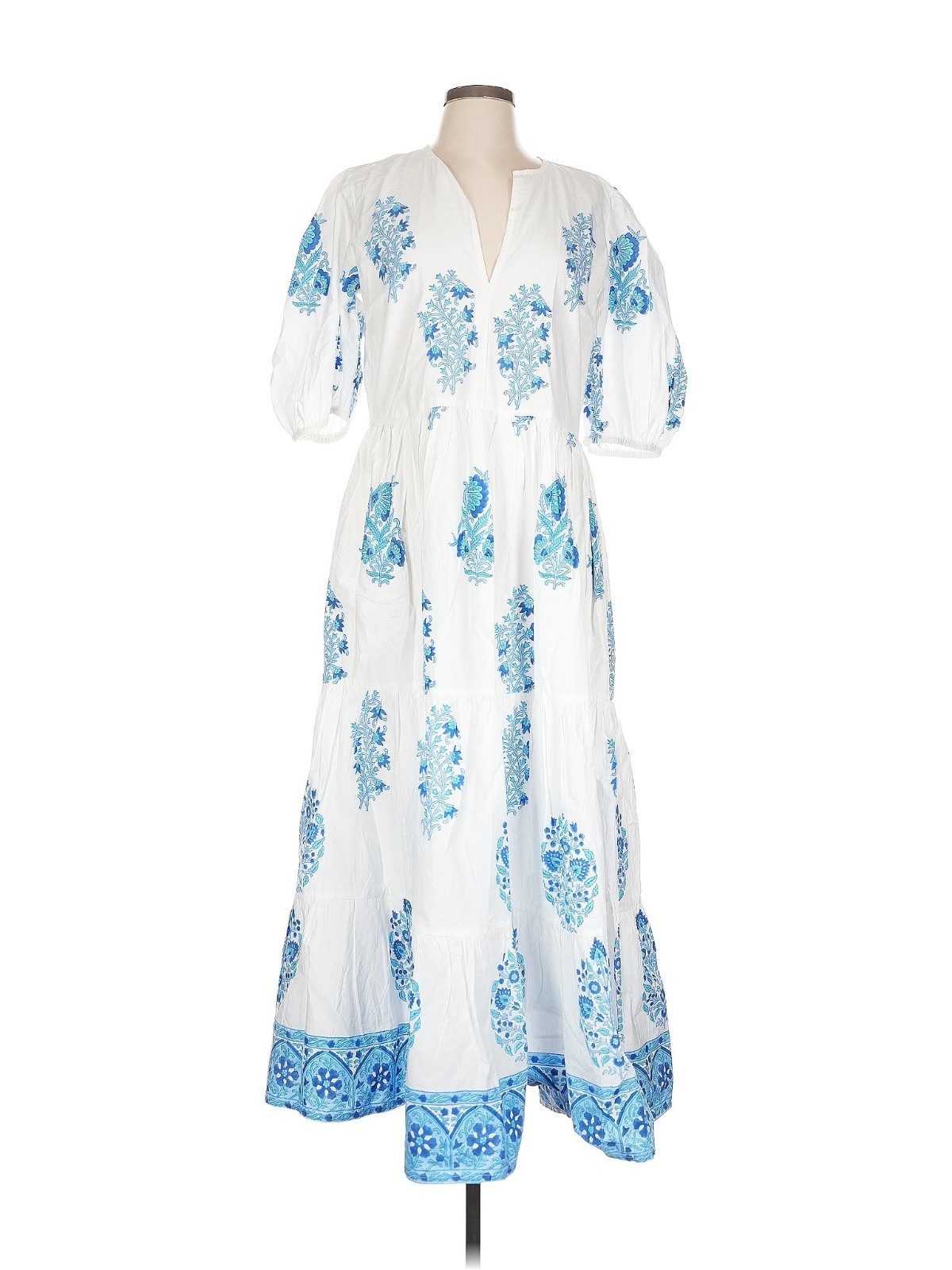 NWT Oliphant Puff Sleeve Maxi in Laguna Blue Floral Cotton Dress L $328
