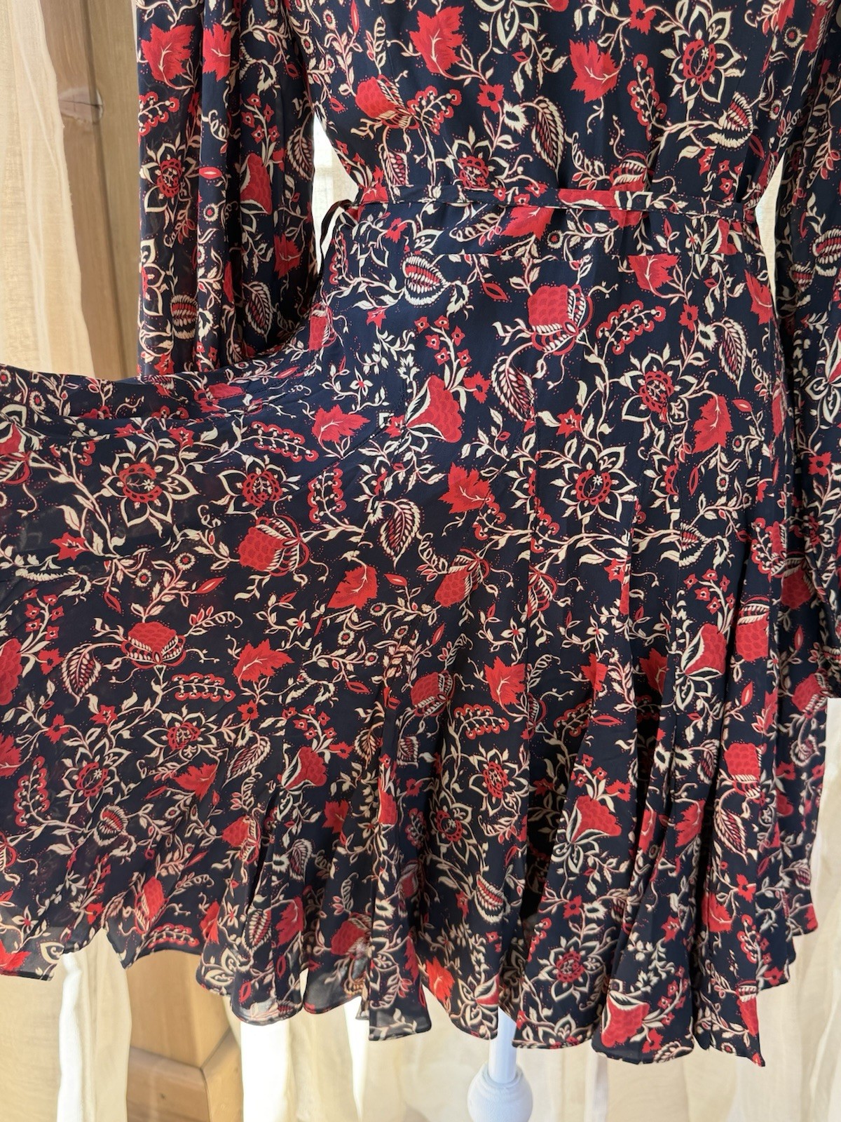 NWT RHODE Caro Black Red Cream Floral Fit & Flare Wrap Dress Long Puff Sleeve S
