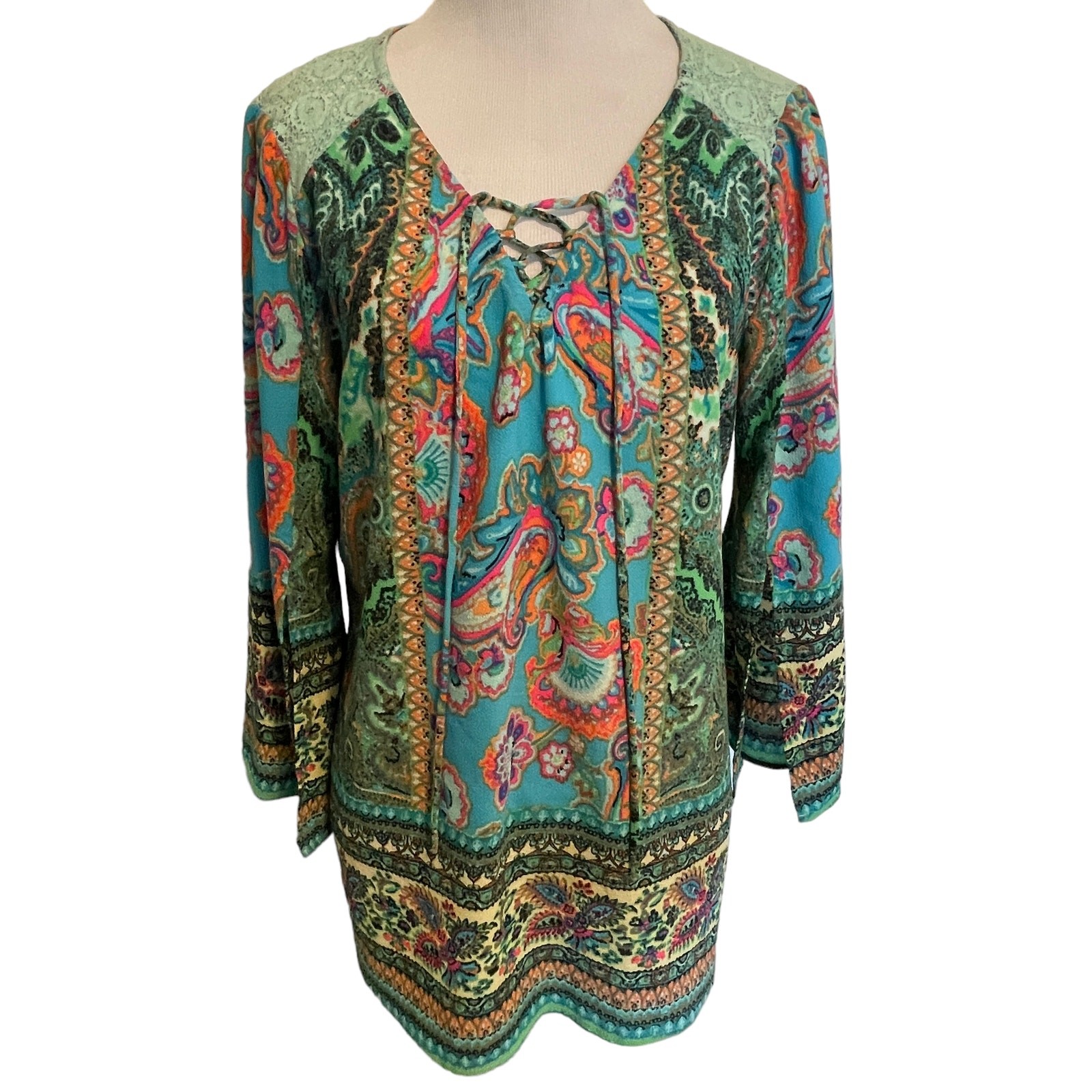 Fig & Flower Boho Top Womens Medium Teal Multidcolor Bell Sleeve Laceup Peasant