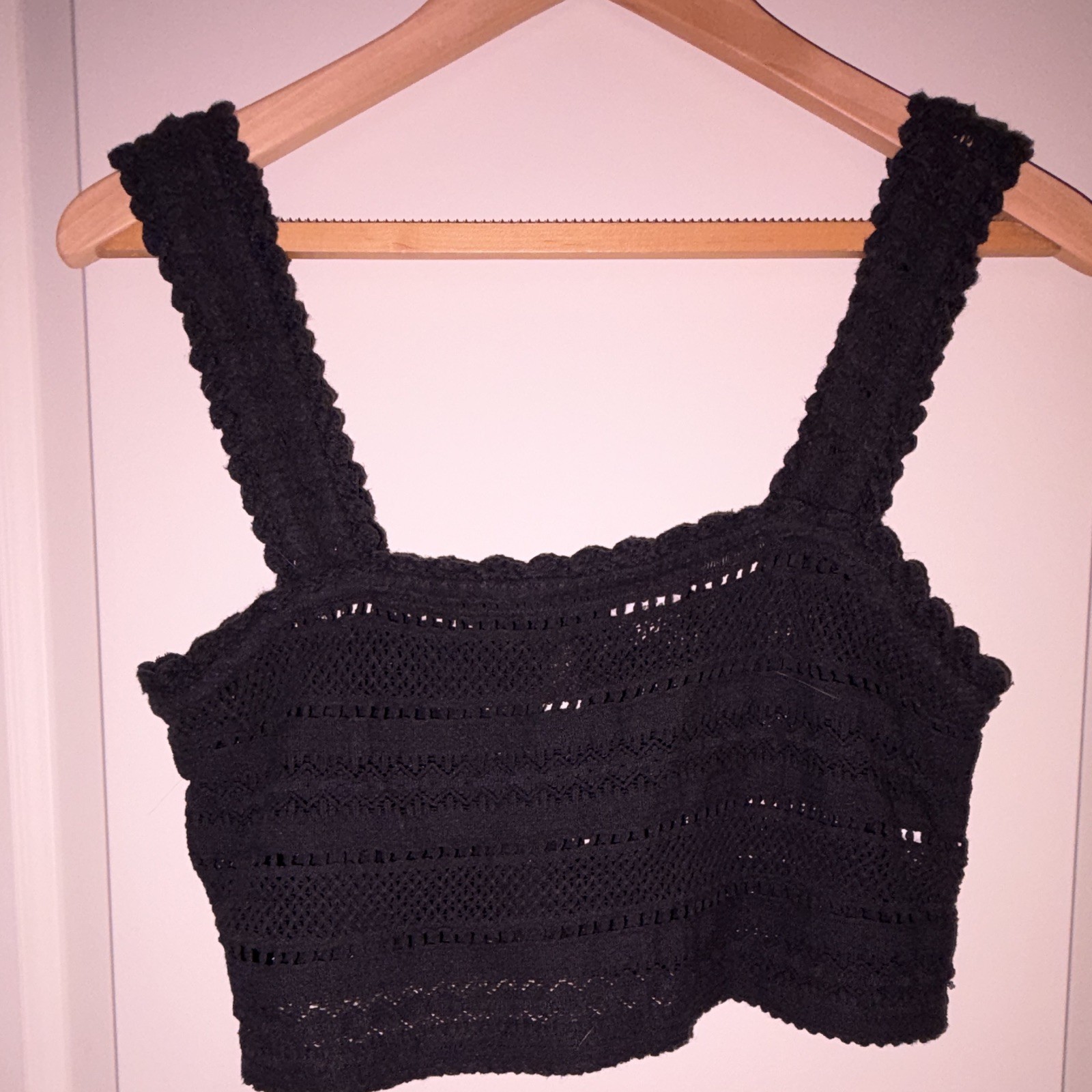 aerie Black Cotton Crochet Scalloped Square Neck Wide Strap Crop Tank Top P