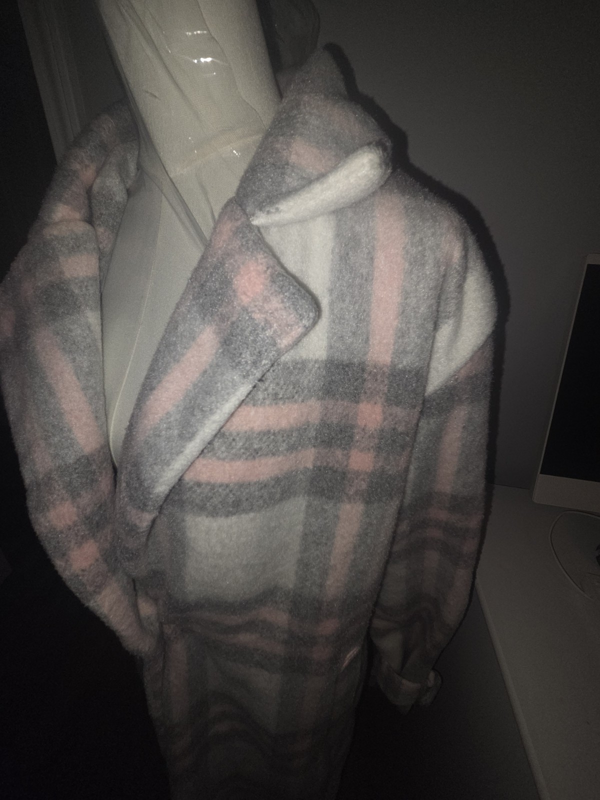 Haute Monde Women’s Gray Pink White Plaid Button Front Long Overcoat Size L