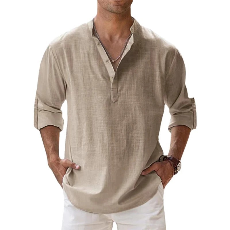 Men’s Cotton Linen Henley Shirt Summer Casual Beach Hawaiian Style Vacation Wear