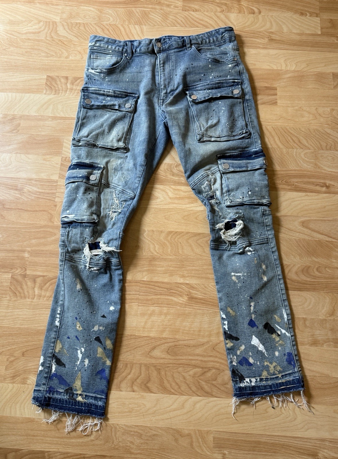First Row Utility Cargo Repair Distressed Denim Jeans Size 38X32