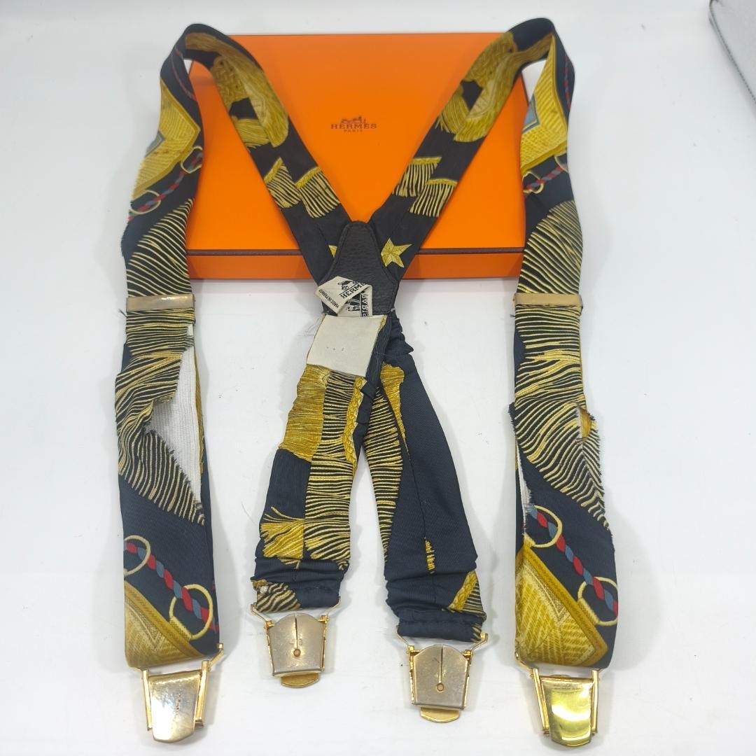 Hermes Paris Silk Suspenders Black Multicolor All Over Pattern Length 82cm w/Box