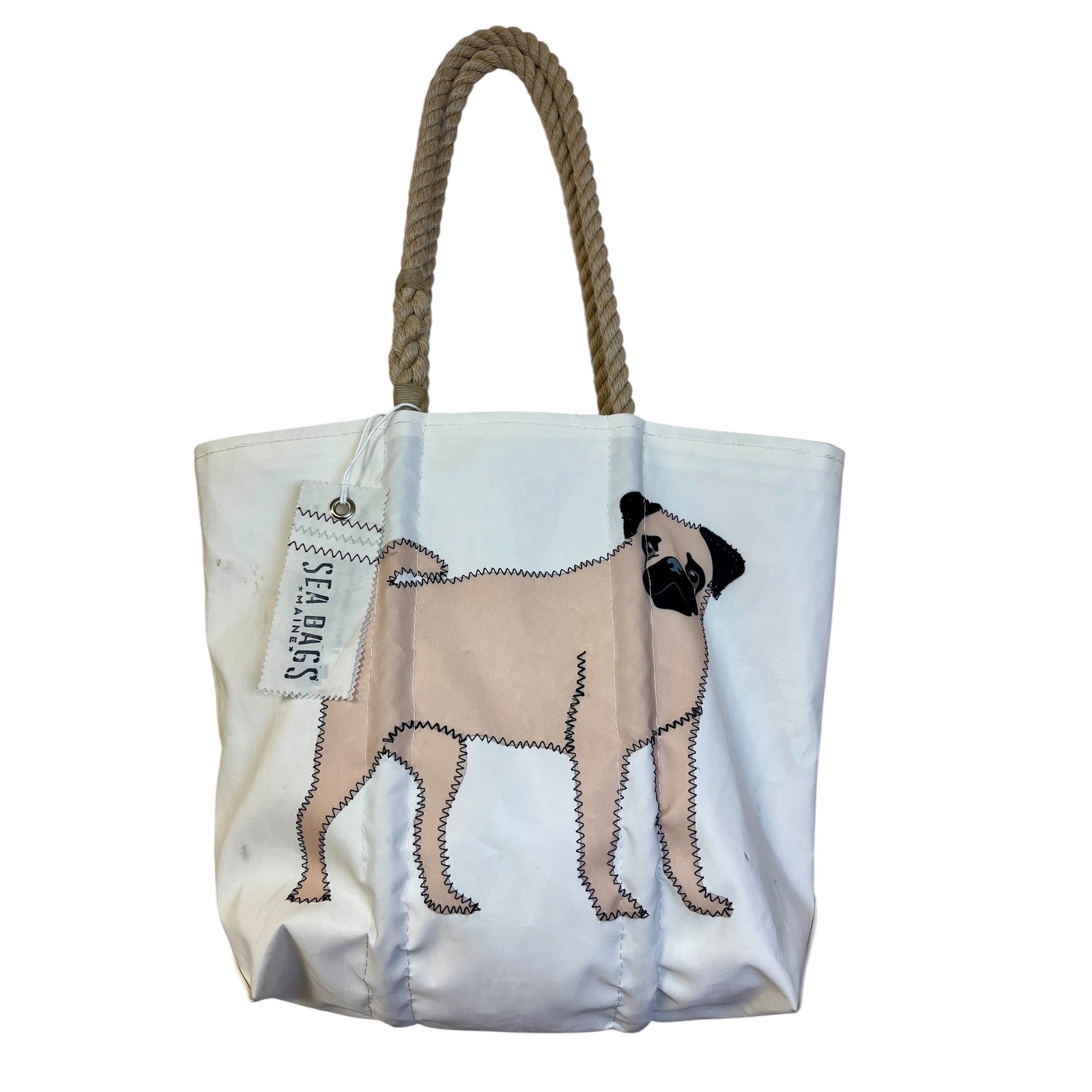 SEA BAGS Maine Pug Tote M White Recycled Sailcloth Hemp Rope Rare Dog Preppy
