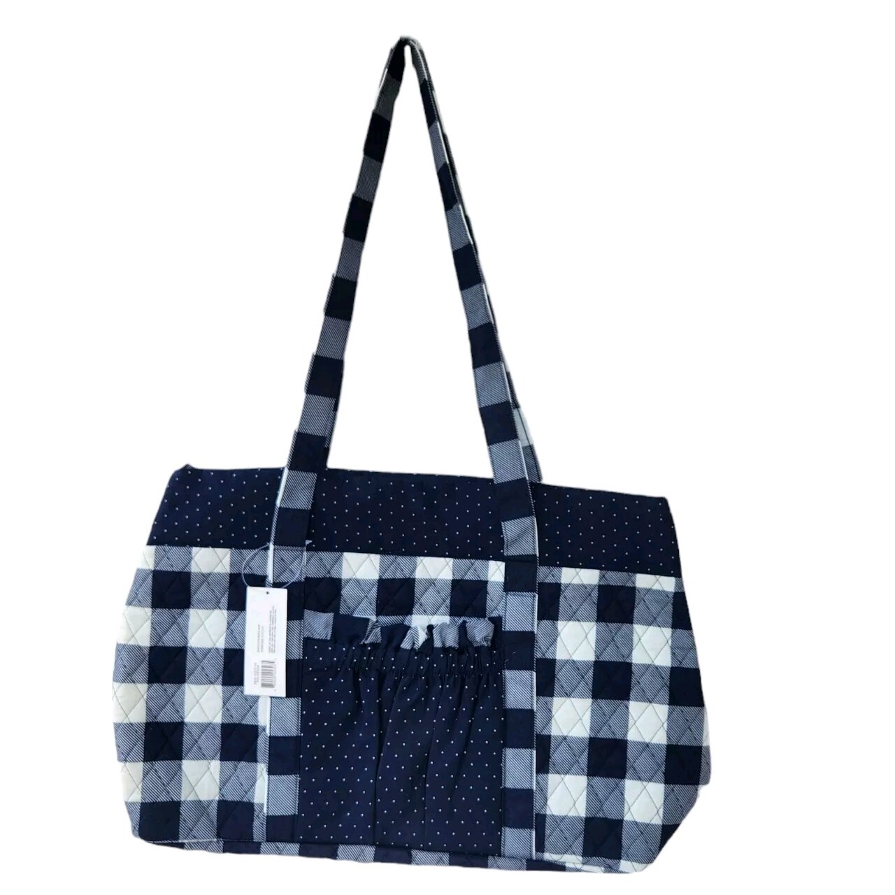 Quilted Fabric Tote Bag, Craft Bag, Sewing, Navy Gingham, 15 x 18 x 13.5 in