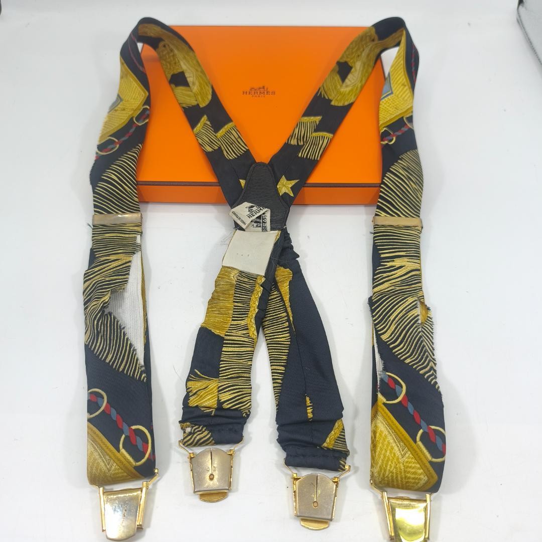 Hermes Paris Silk Suspenders Black Multicolor All Over Pattern Length 82cm w/Box