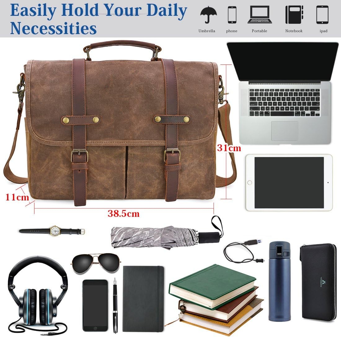 Waterproof Vintage Genuine Leather Messenger Bag 15.6 Inch Laptop – Brown