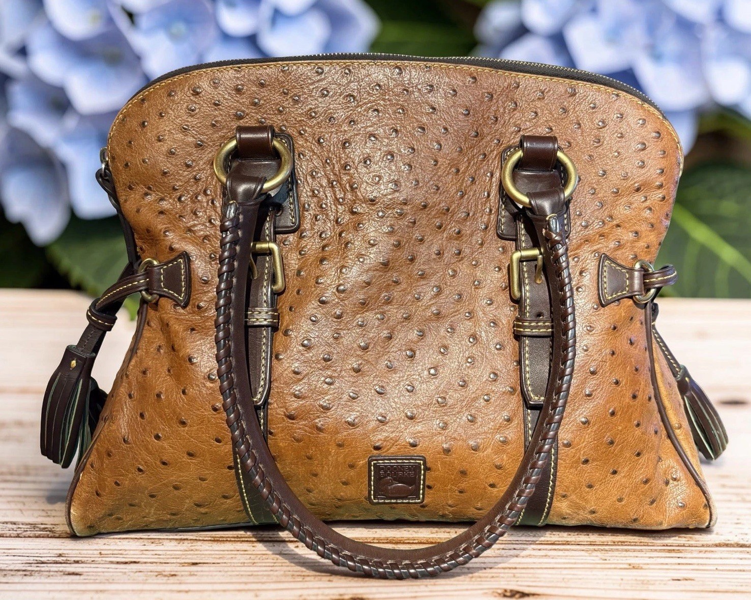 Dooney Bourke Chestnut Cognac Brown Ostrich Embossed Leather Large Satchel Bag
