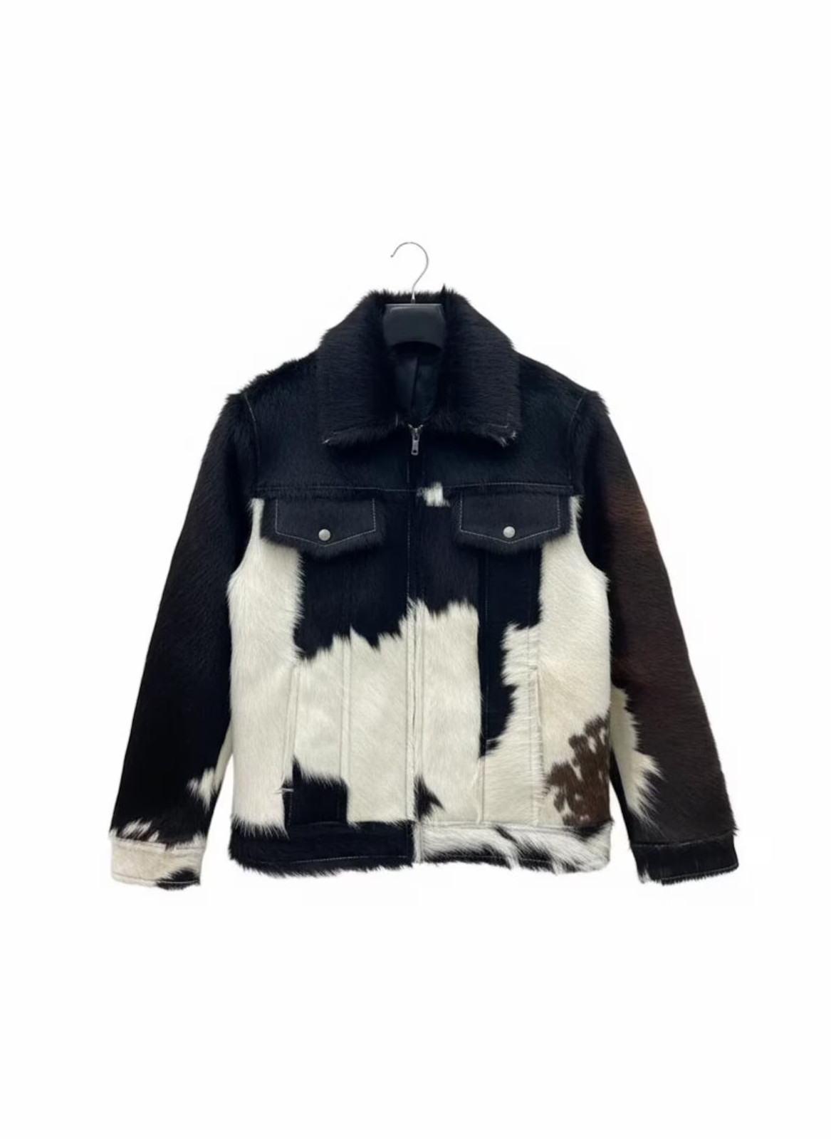 Handmade Black and White Cowhide Leather Jacket – Genuine Hair-On Hide Western S