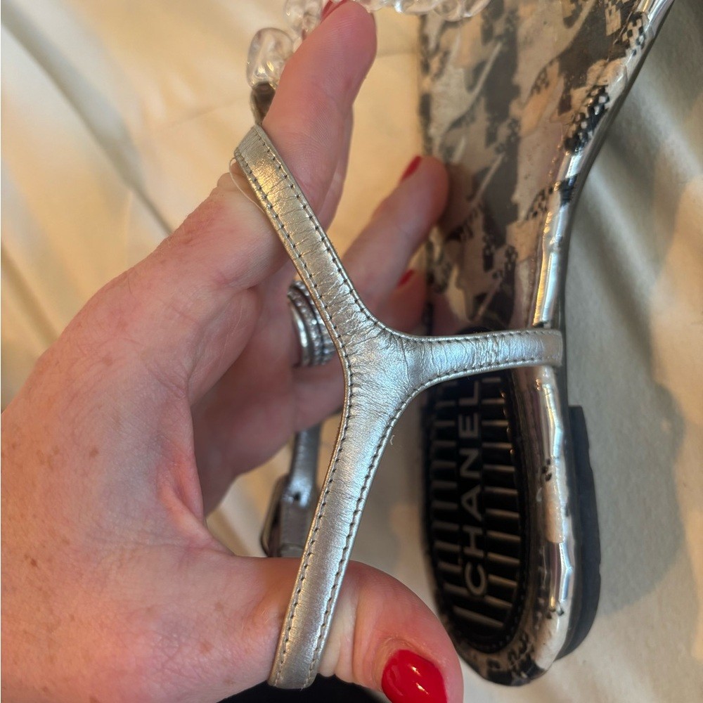 CHANEL Silver T-Strap Sandals with Clear Lucite Chain , Size 35