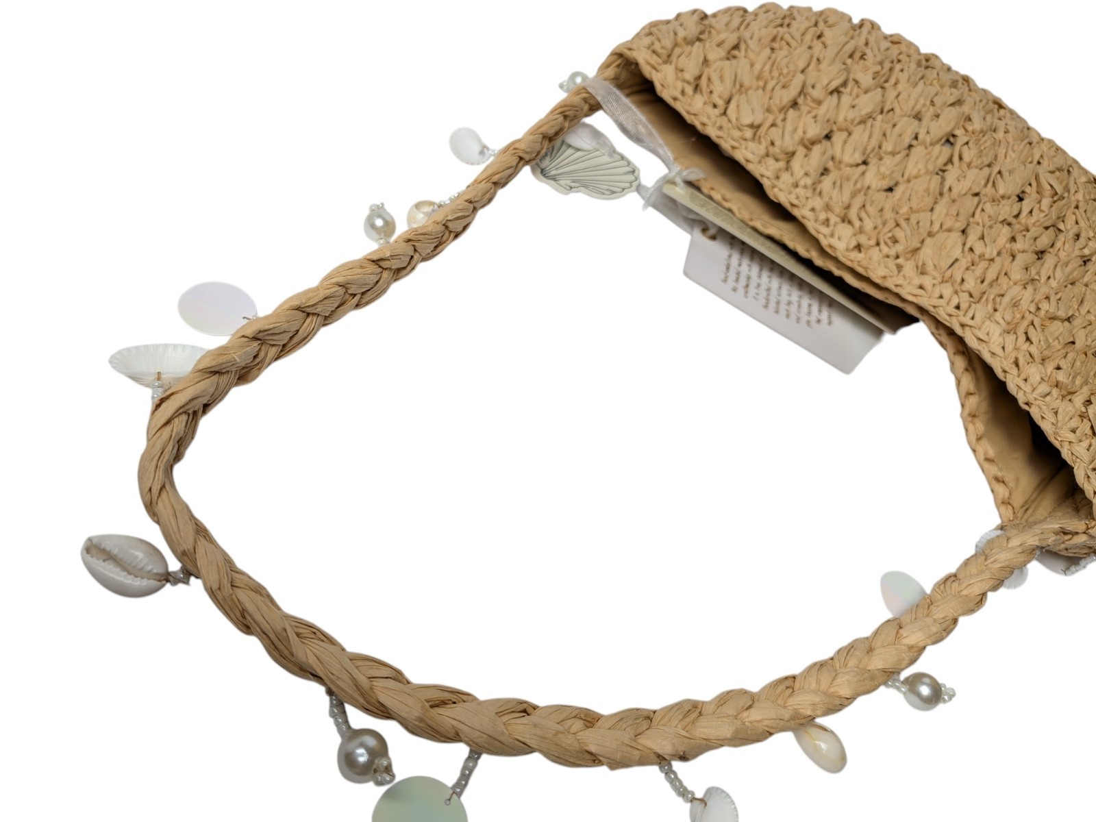NWT From India To You Brand Artisan Lt Tan Raffia Genuine Shell Bead Accents Bag