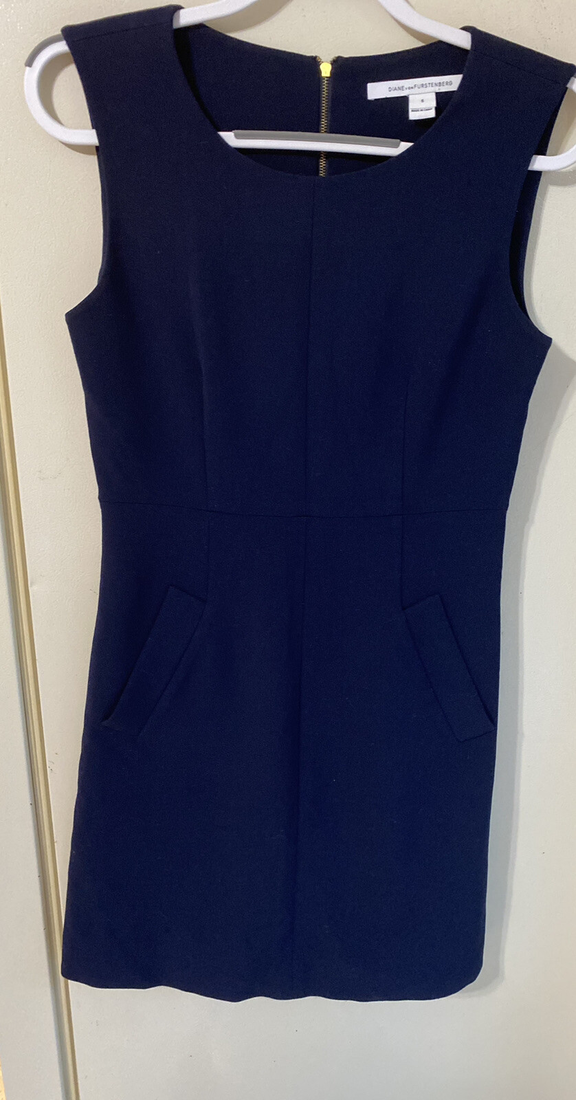 Diane Von Furstenburg Capreena Shift Dress Size 6 Navy Blue Pockets Sleeveless