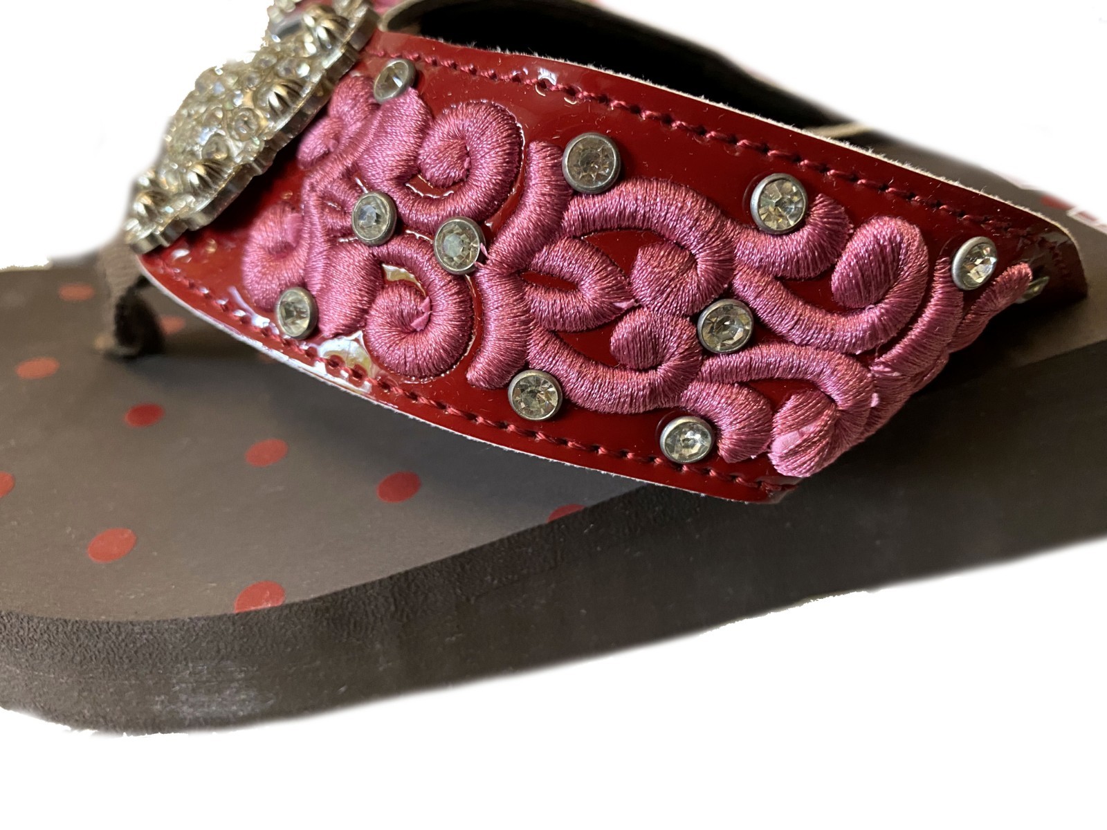 Montana West Women’s Red w/Pink Embroidered Flip Flops & Rhinestone Conch- NIB