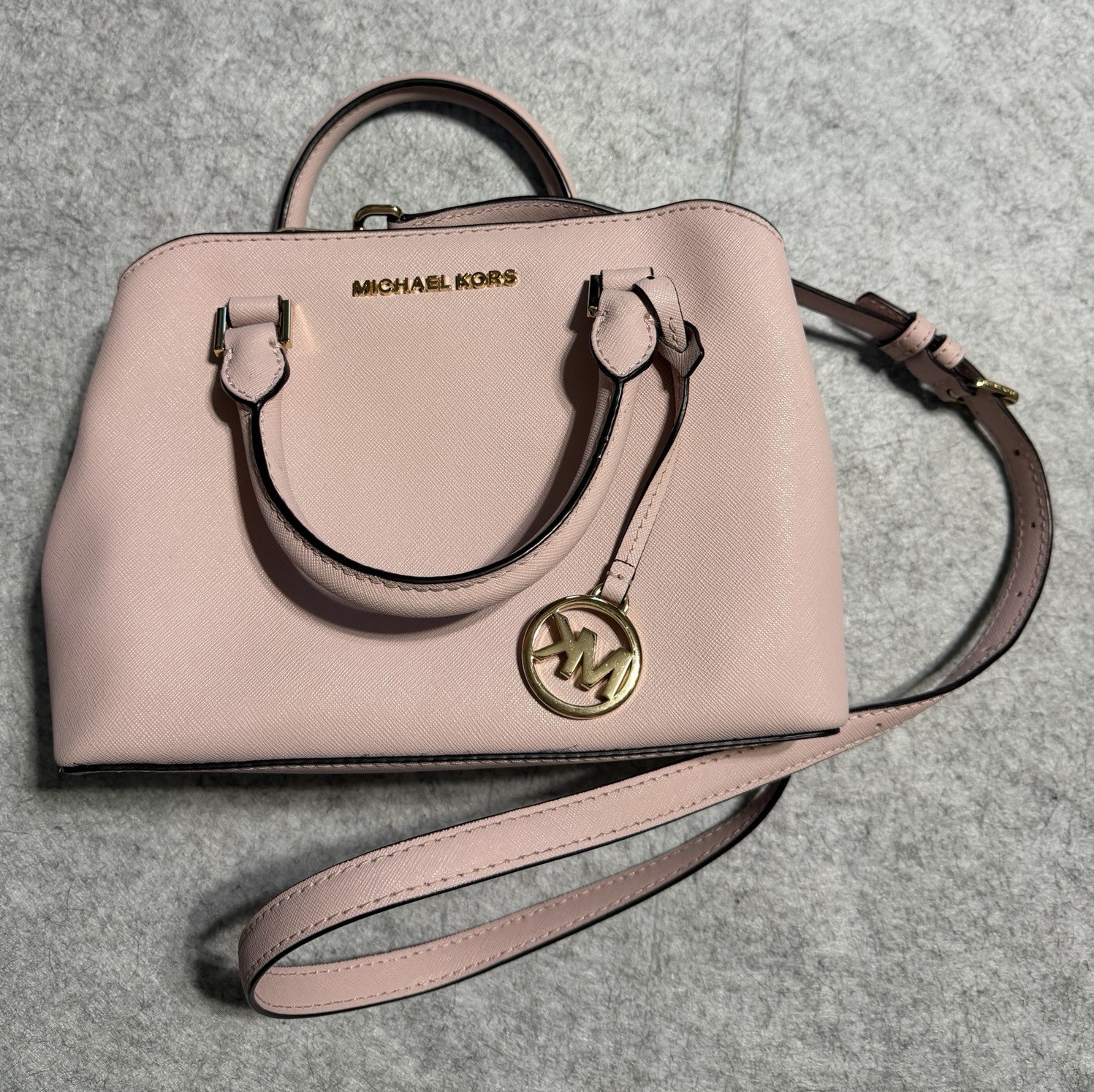 Michael Kors Pink Satchel Top Handle Bag Zip Closure Logo Gold Hardware Strap