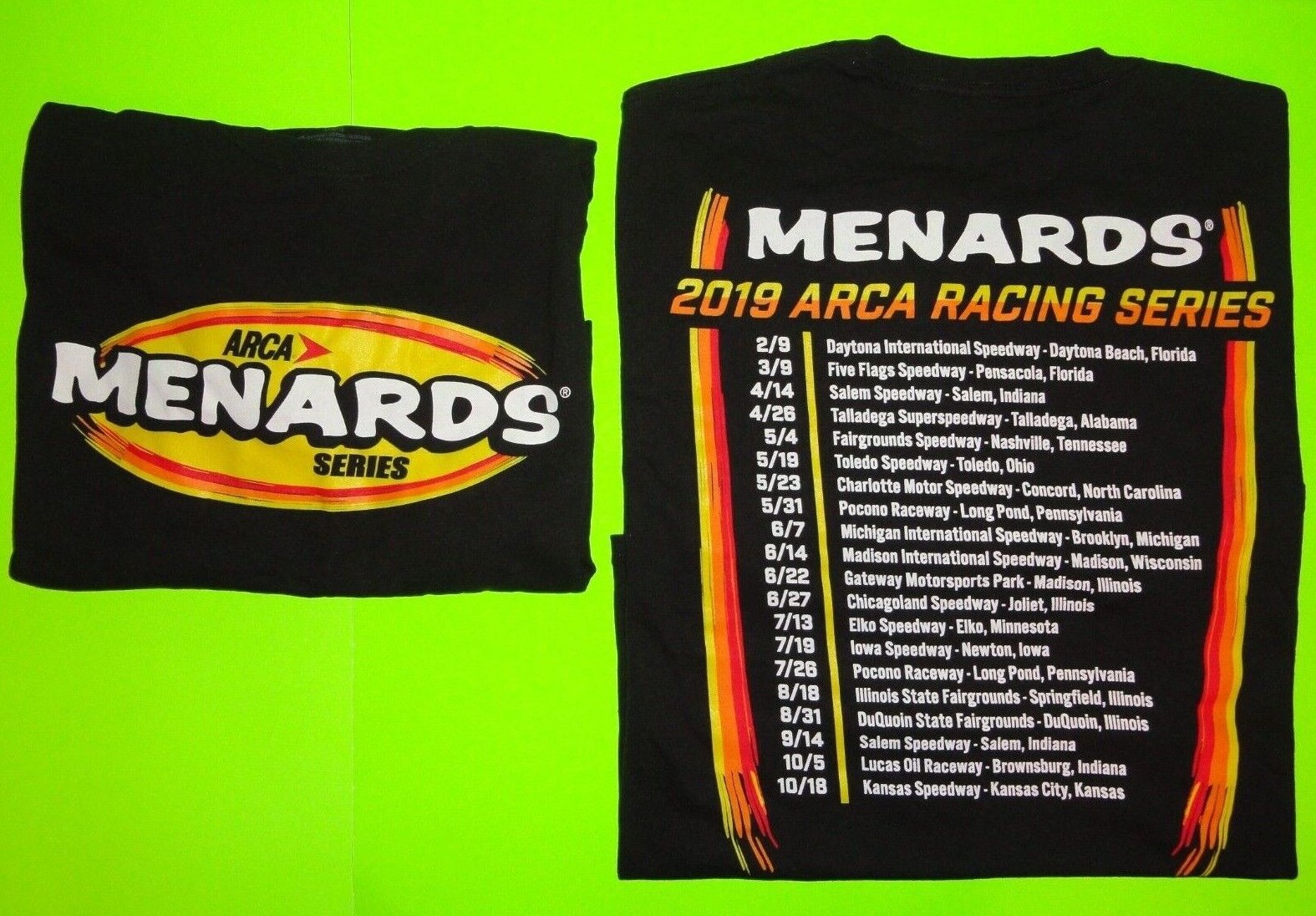 (Lot of 2) Sz XL / EXTRA LARGE BLACK Menards ARCA Racing Series 2019 T-Shirt NEW