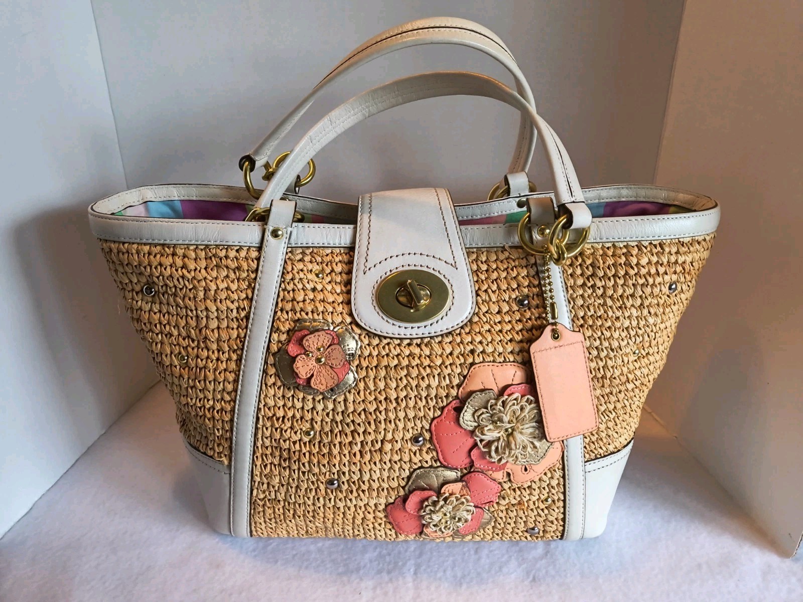 Coach Hampton Floral Tote Purse Straw White Pink L1169-19347