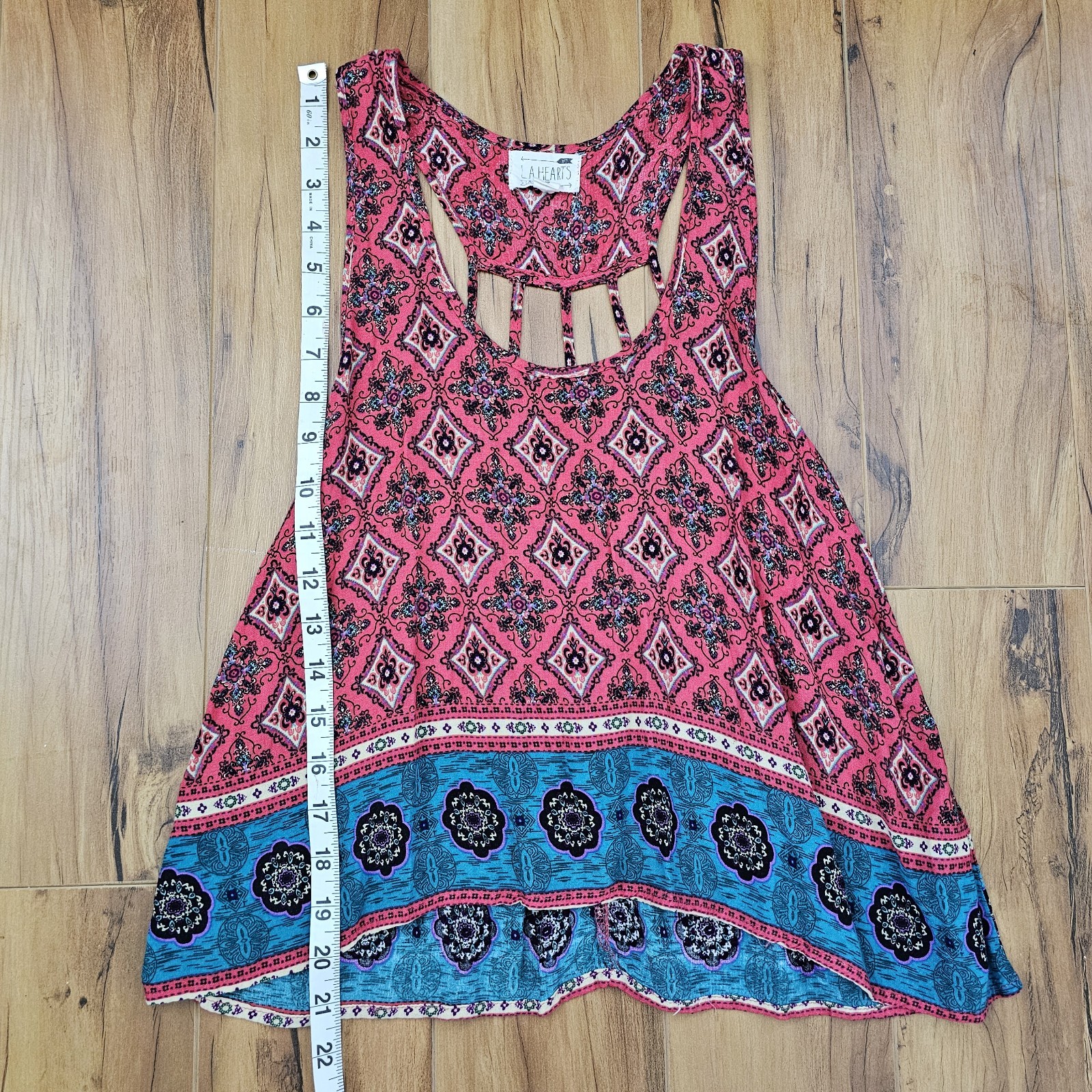 LA Hearts Boho Red And Teal Print Strappy Cage Back Tank Top Women’s S Festival