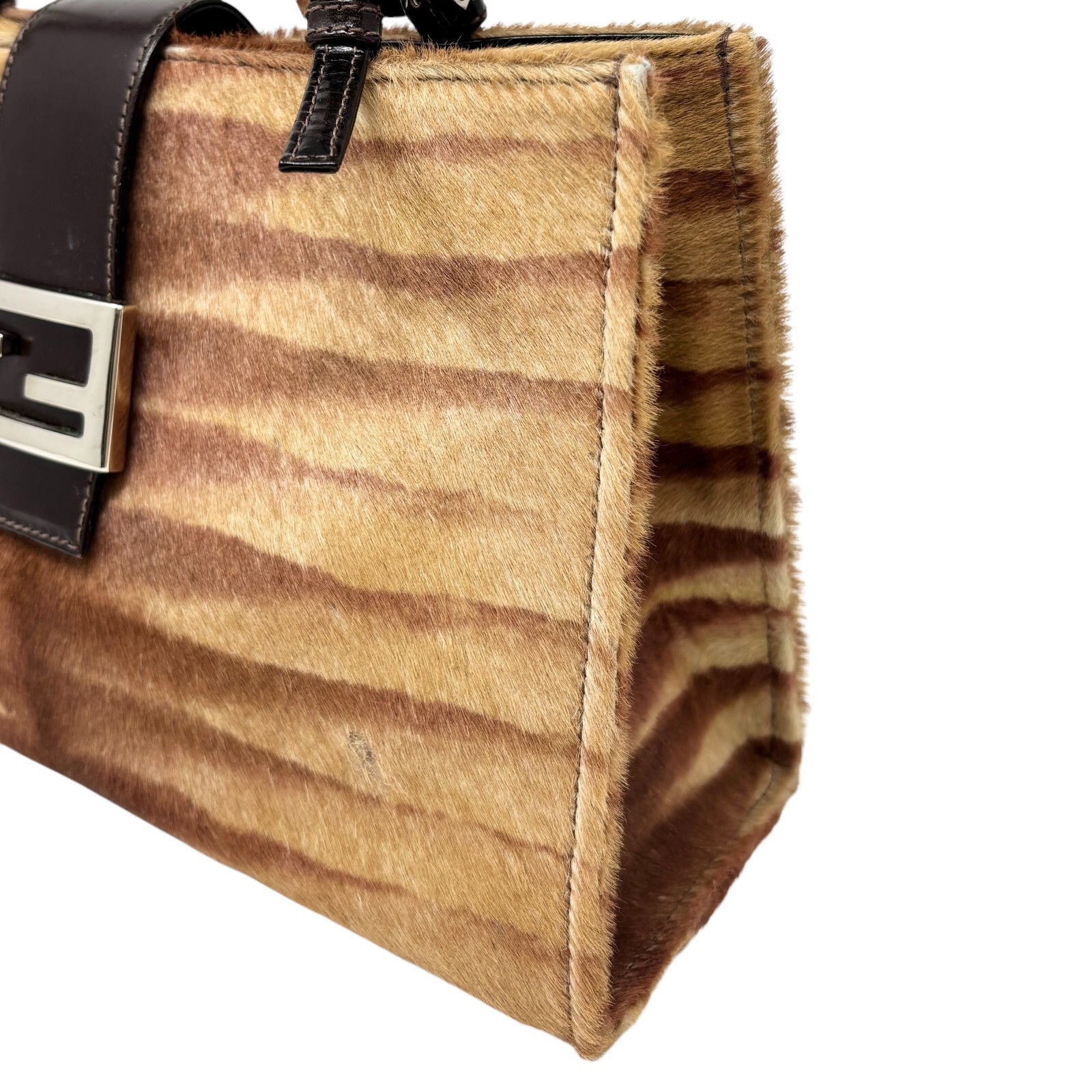FENDI Vintage FF Logo Shoulder Bag Tote Bag Brown Silver Calf Hair Leather