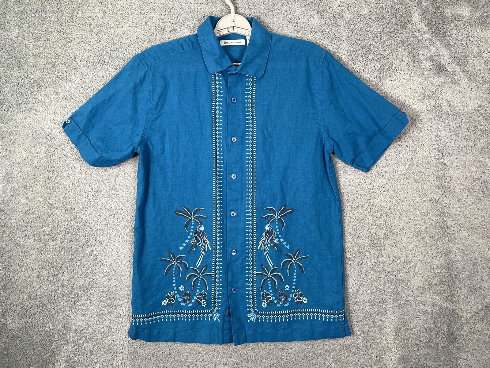 Cubavera Shirt Mens Small Blue Parrot Hawaiian Short Sleeve Button Up Casual