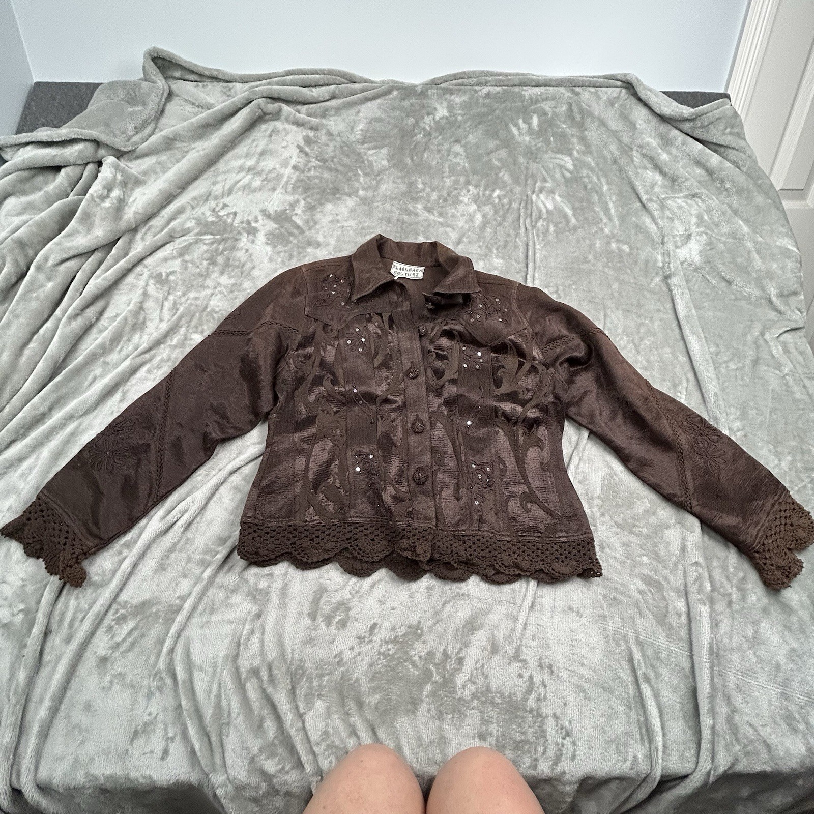 Flashback Couture Women’s Jacket Sz M Brown Embroidered Sequin Crochet Hem Boho