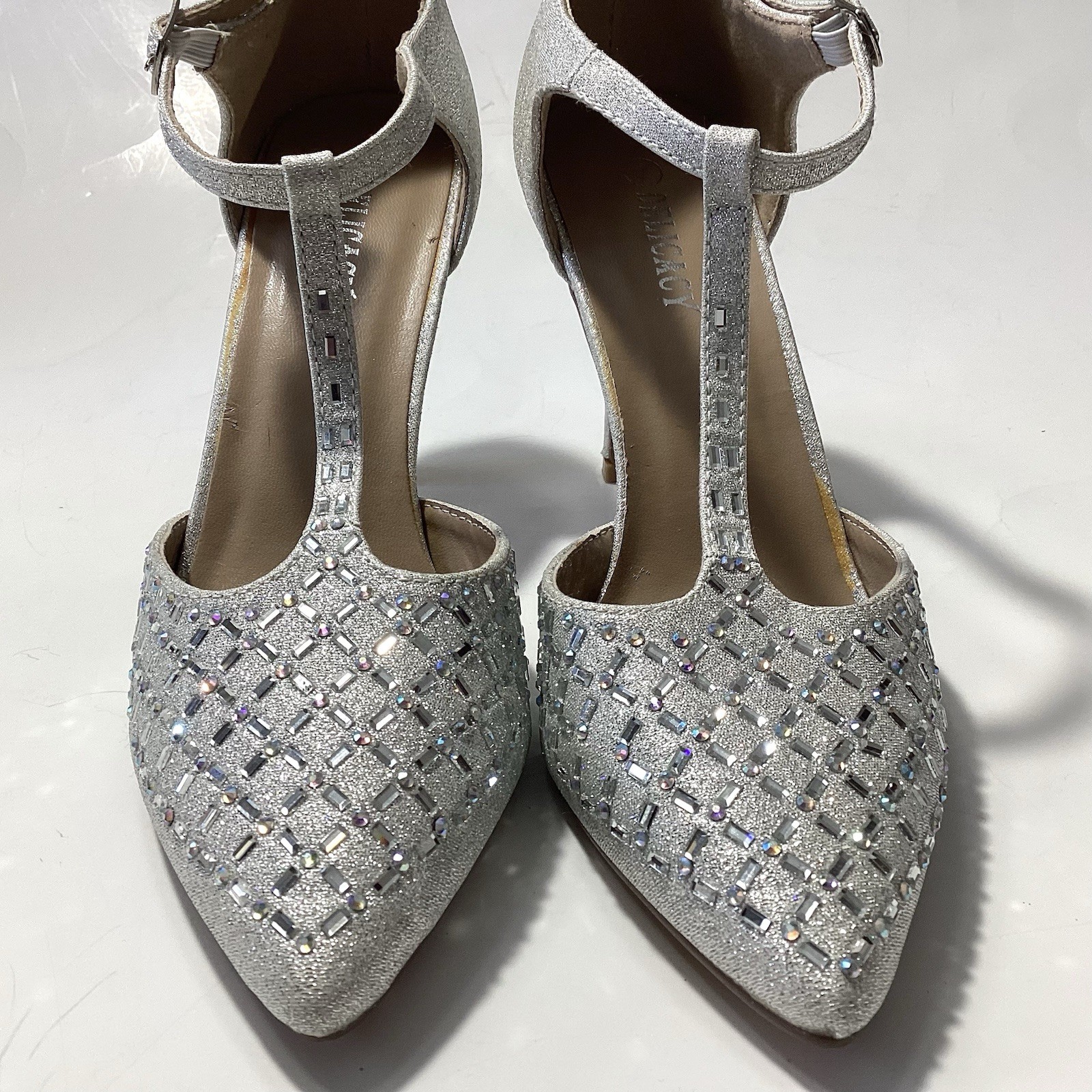 Delicacy Silver T Strap Bedazzled Sparkle Heels 7 Wedding Prom Cinderella