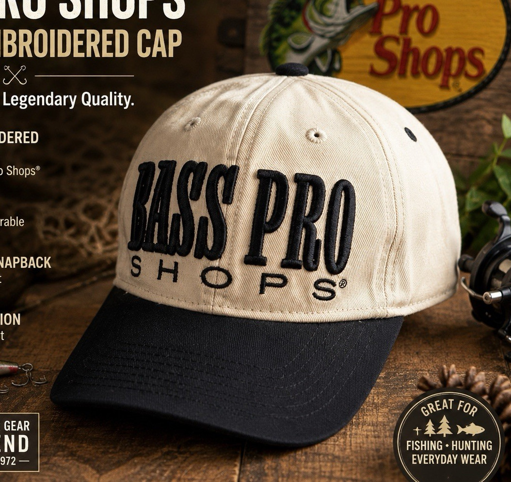 Bass Pro Shops Embroidered Snapback Hat Black Tan Adult One Size Cotton Fishing