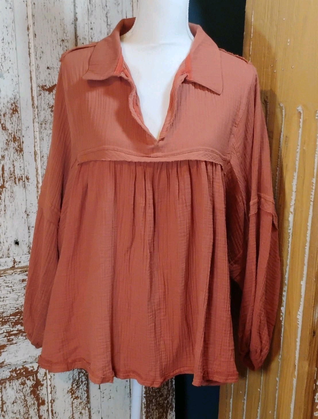 Babydoll Peplum Rust Collared Ruffle Balloon Sleeve Cotton Gauze Tunic Blouse M