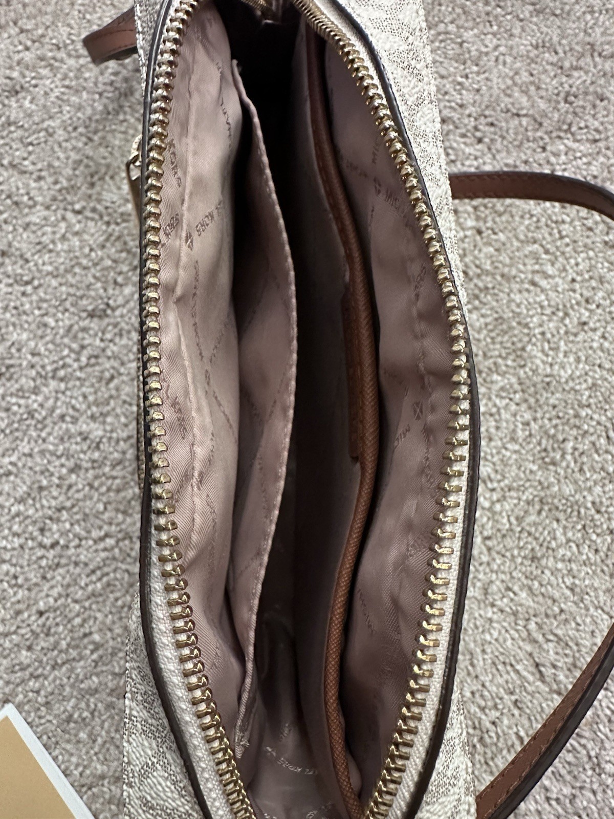 Michael Kors Monogram Small Crossbody Zip Bag Chain Strap Gold Beige/Brown