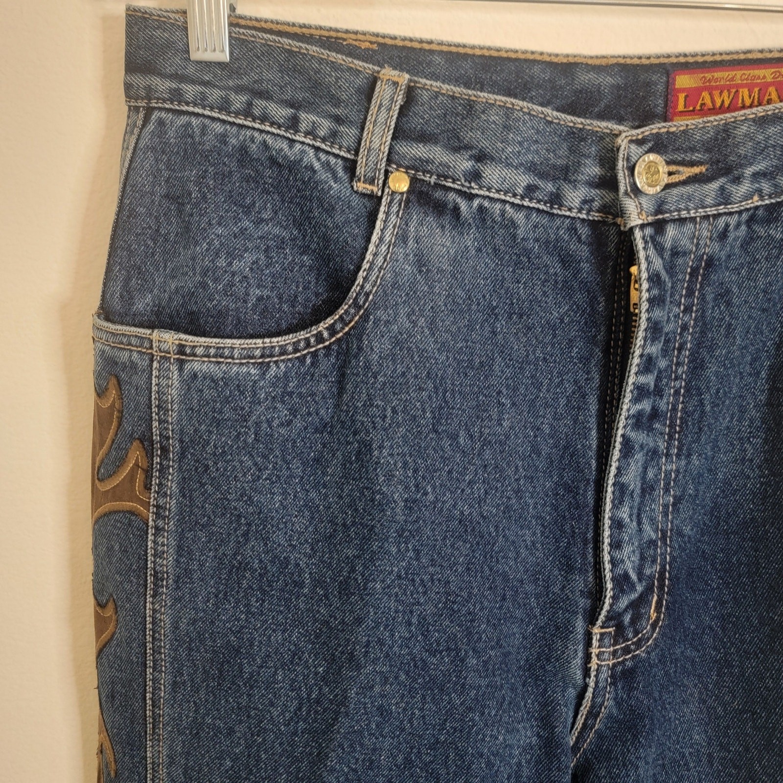 Vintage Lawman Jeans 32×33 Blue Western Leather Studded Pant Women Denim Tall