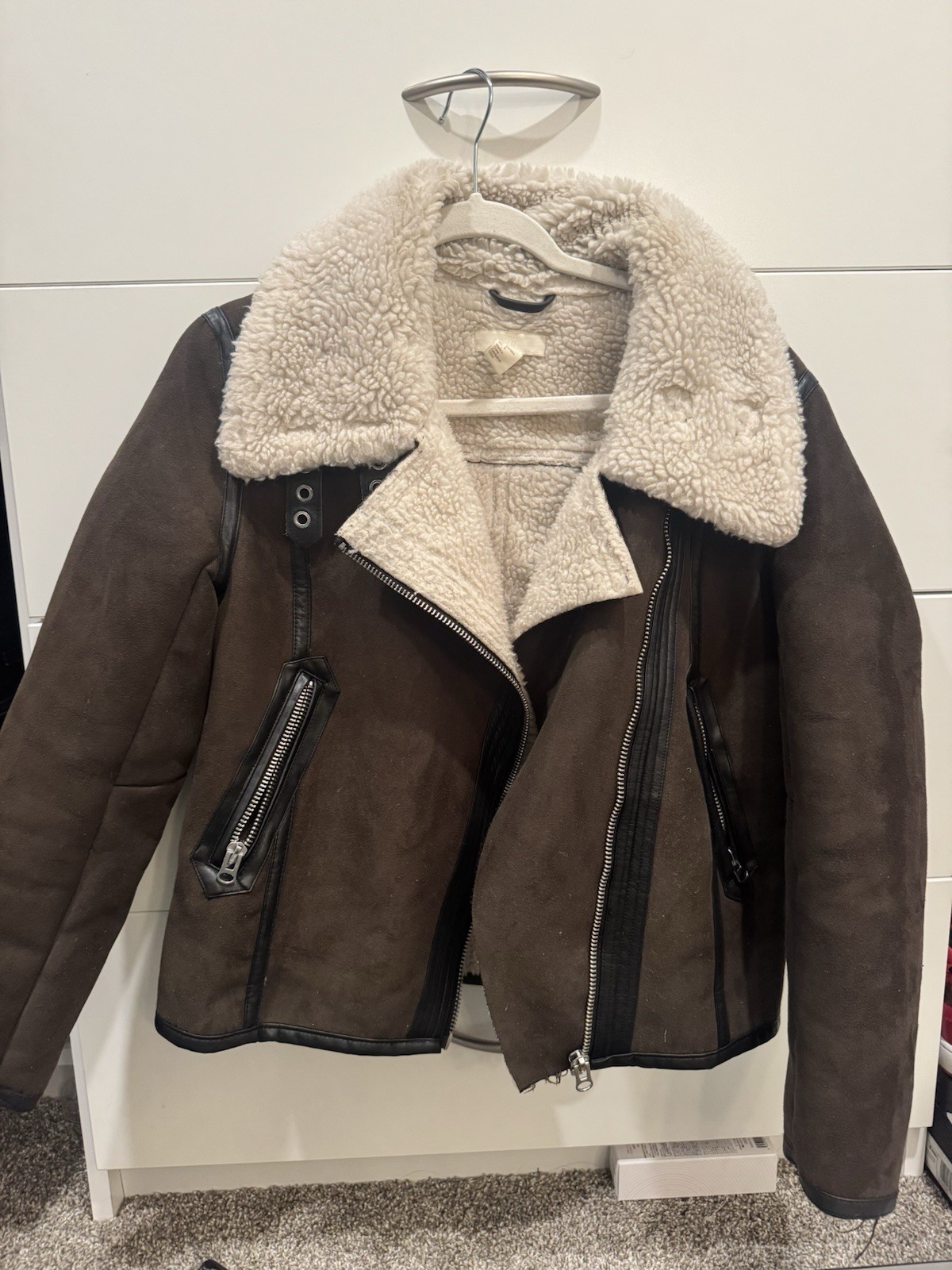 H&M Brown Biker Jacket Faux Suede Faux Shearling Lined Zip Pockets Size 8