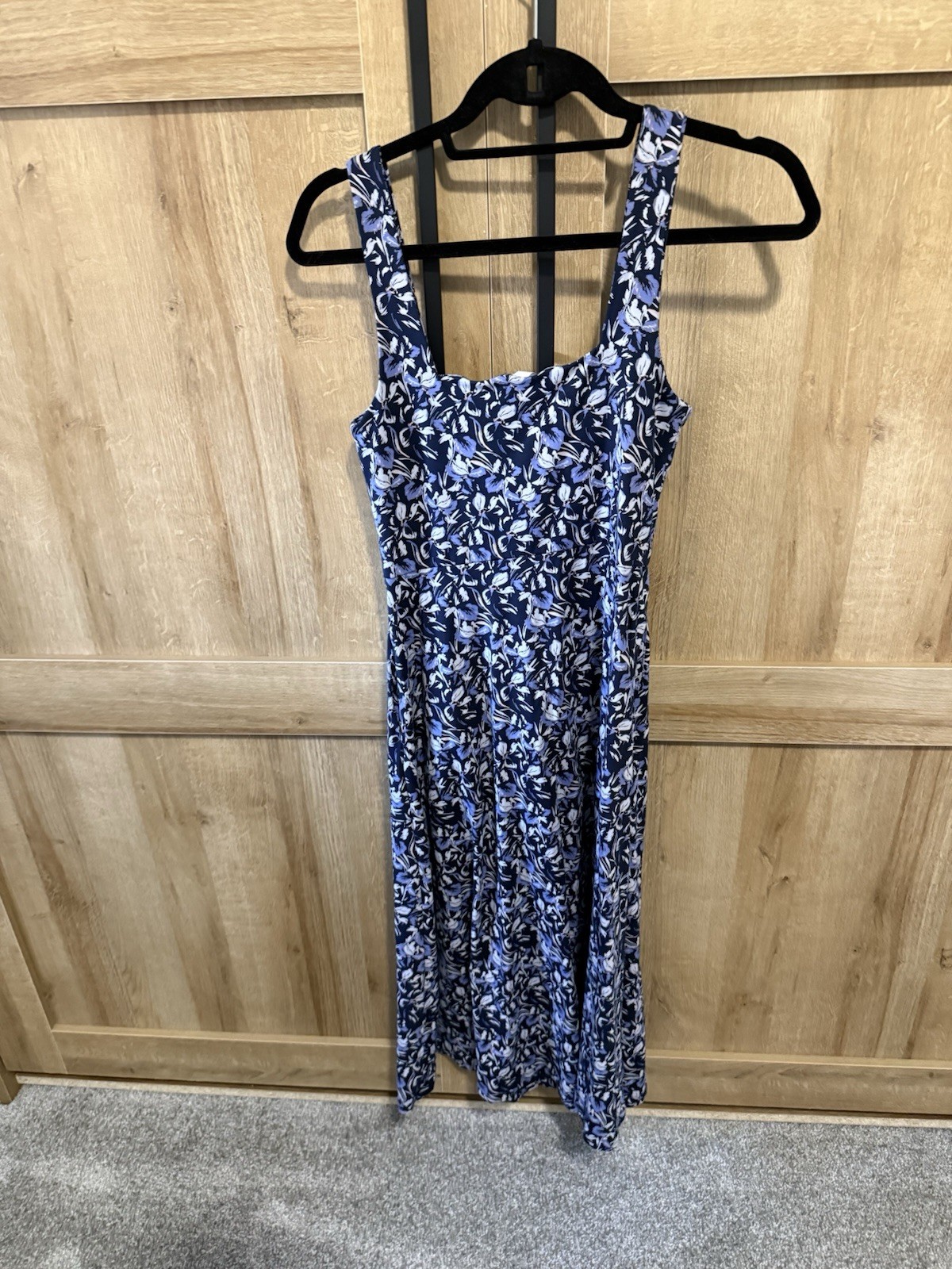 PACT Organic Fit & Flare Square Neck Dress, Paradise Petals Navy Blue