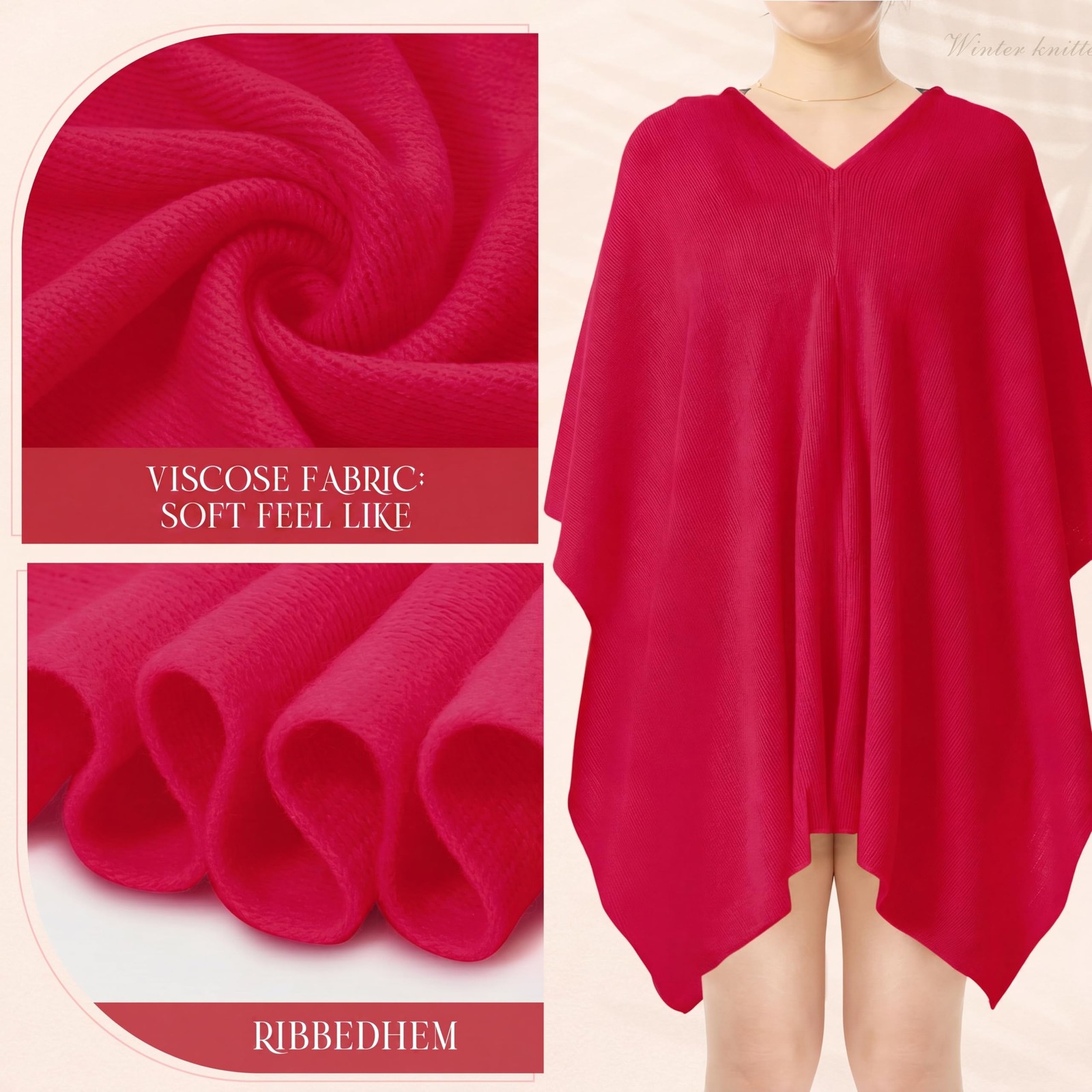 Hercicy Women Ponchos Sweater Solid Knit Versatile Lightweight One Size, Red