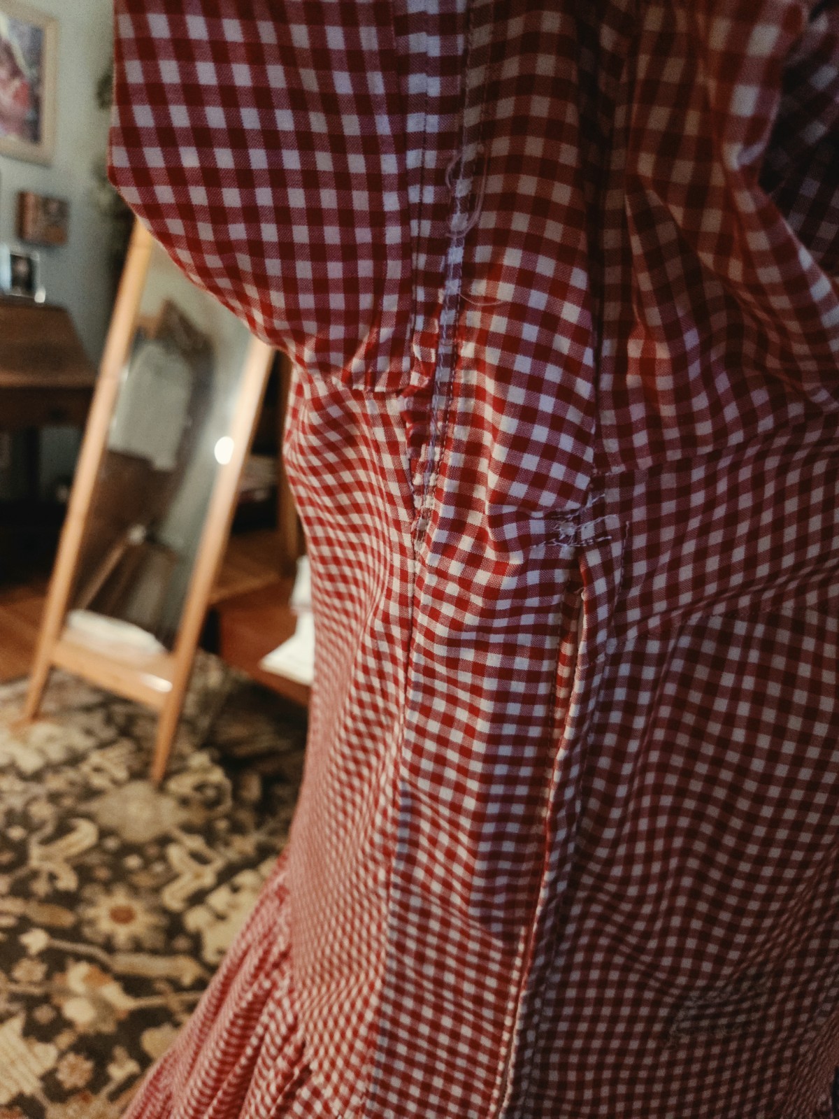 Vintage 40s 50s tiered long Red Gingham dress, Stupendous 600″ sweep! B42″, W34″