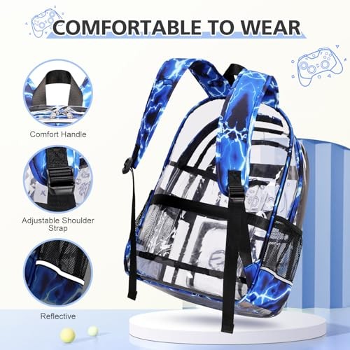 3PCS Cool Luminous Clear Backpack + Lunch Bag + Pencil Case Blue Lightning