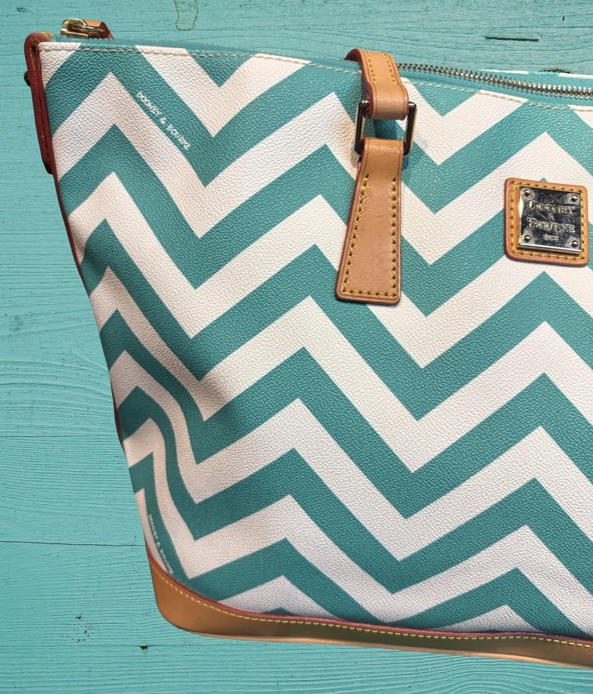 Dooney Bourke Turquoise Spearmint Green Chevron Large Shopper Tote Shoulder Bag