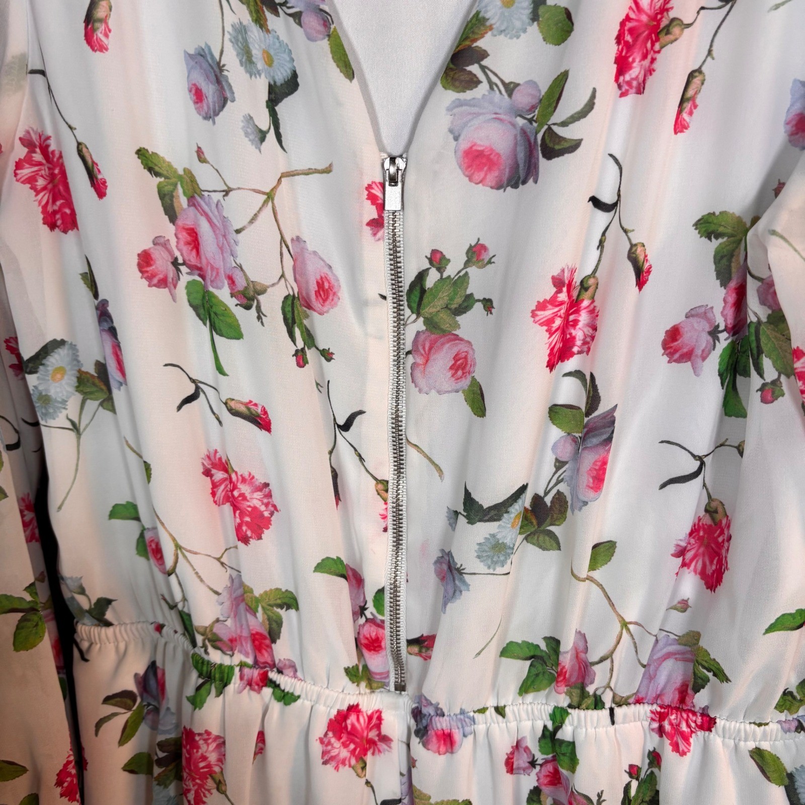 Express Floral Long Sleeve Romper Dress White Pink Roses Size L