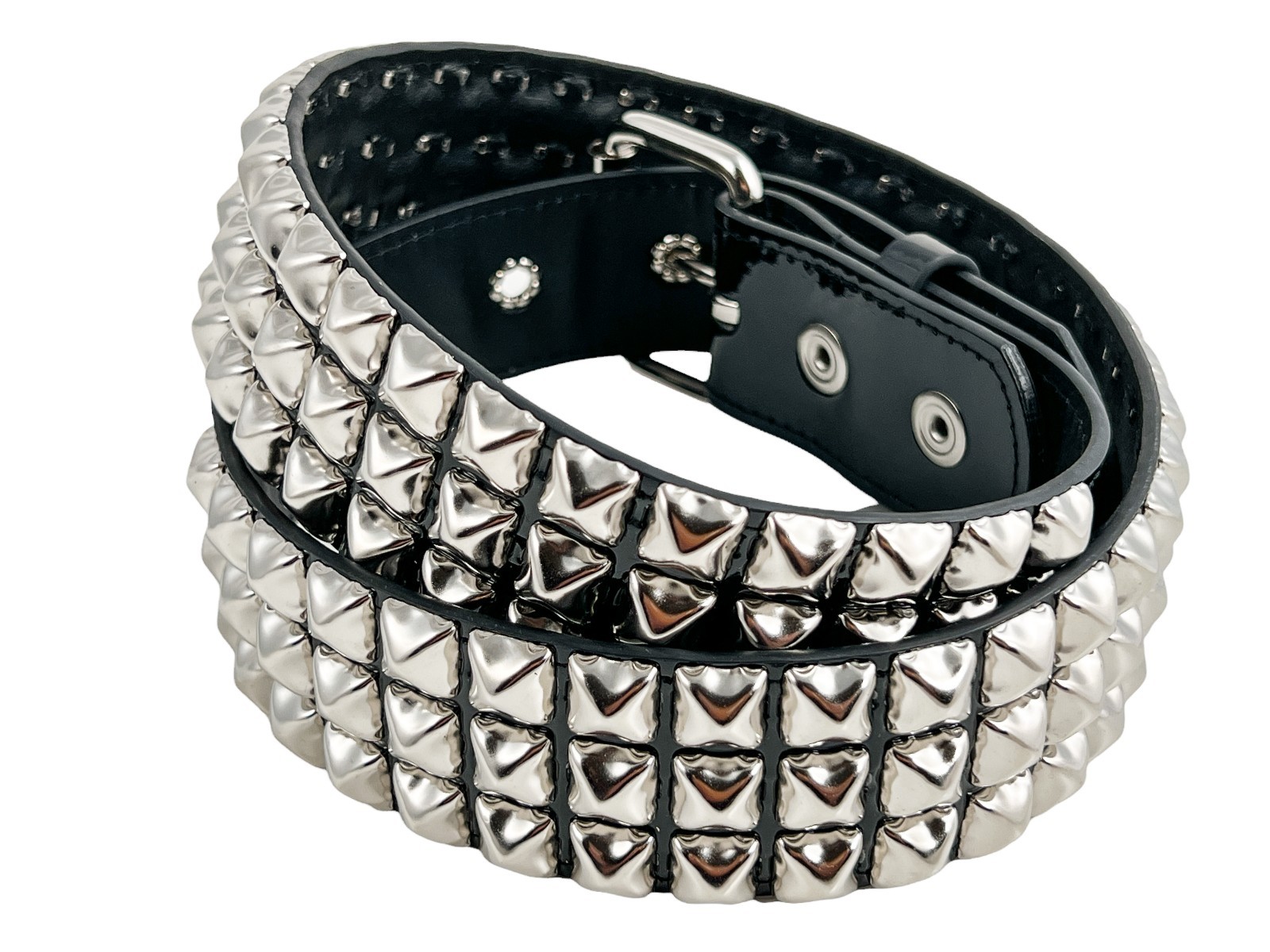 Black Patent Three Row Pyramid Stud Belt Genuine Punk Goth Metal Funk Plus