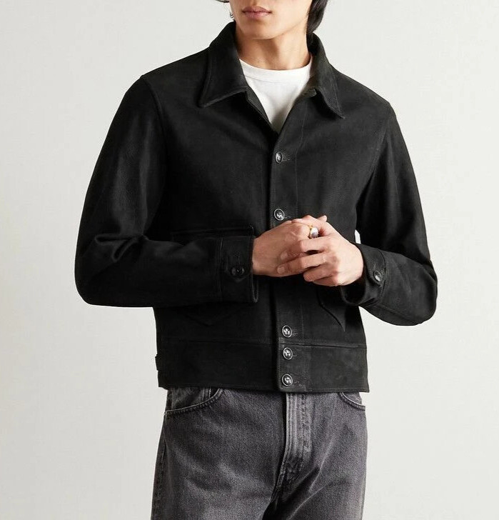 Men Black Pure Suede Leather Slim Fit Trucker Jacket Custom Size S M L XL 2XL 3X