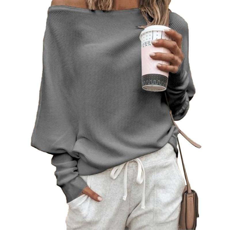 Ladies Off-Shoulder Ribbed Knitted Sweater Long Sleeve Pullover Pullover Top –