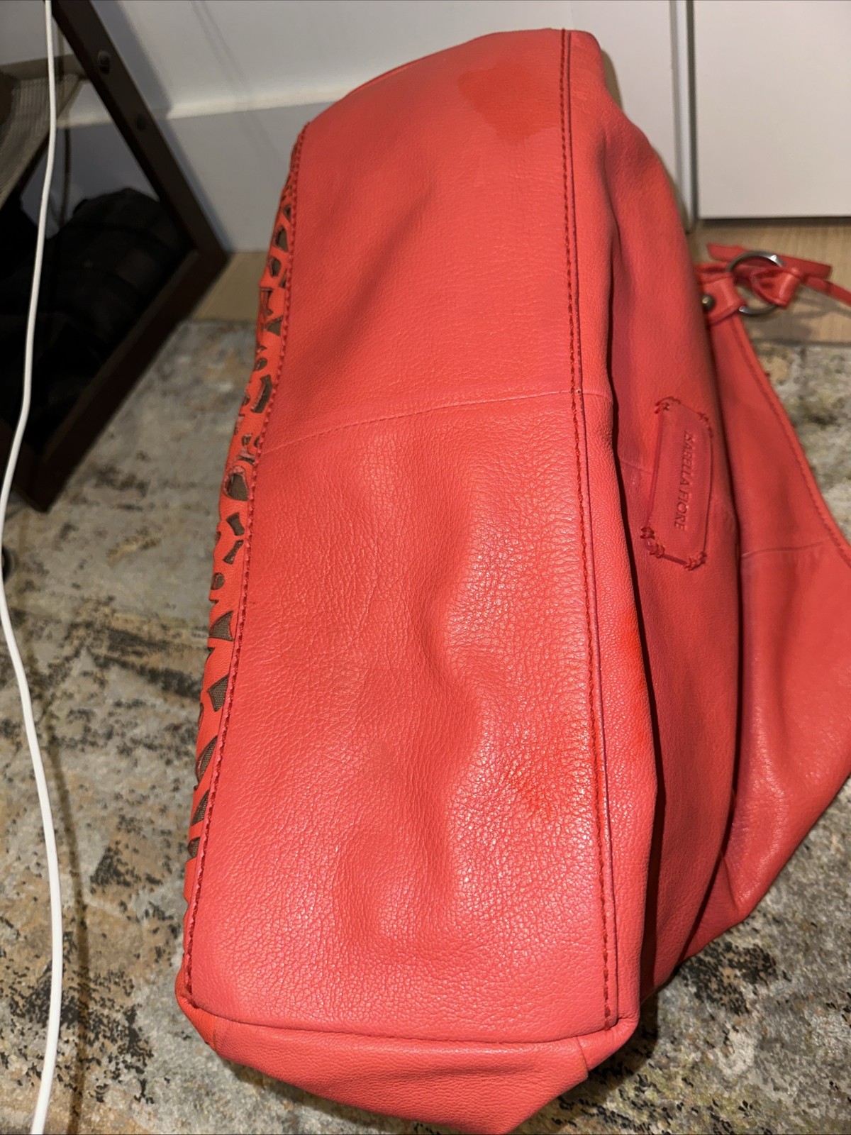 Isabela Fiore Coral leather laser cut Tote Handbag EUC Medallion front slouchy