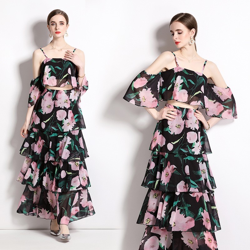 Women’s Boho Floral 2 Piece Set Off Shoulder Crop Top Tiered Maxi Skirt Vacation