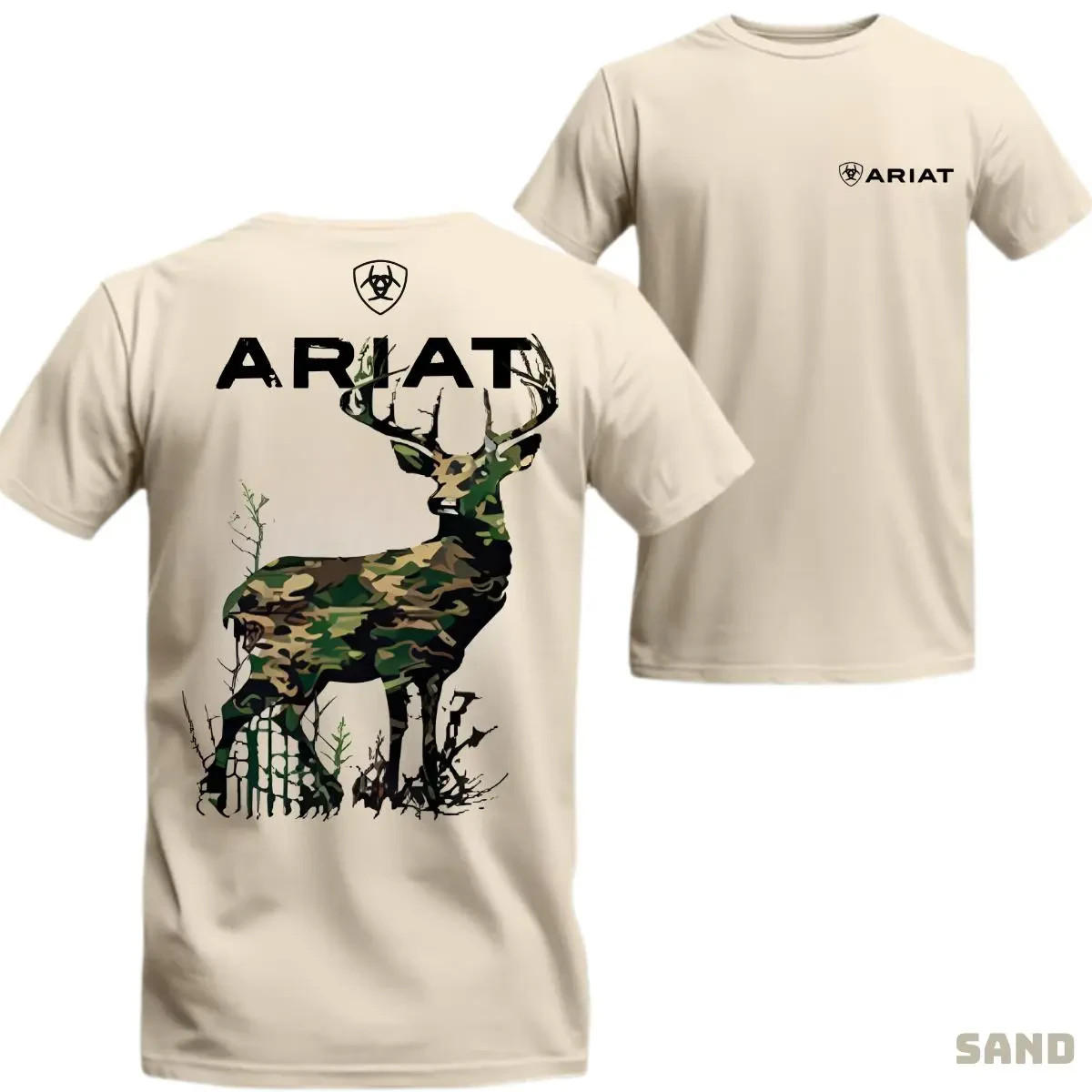 Ariat T-shirt – Unique Design Featuring A Deer With Camouflage Pattern