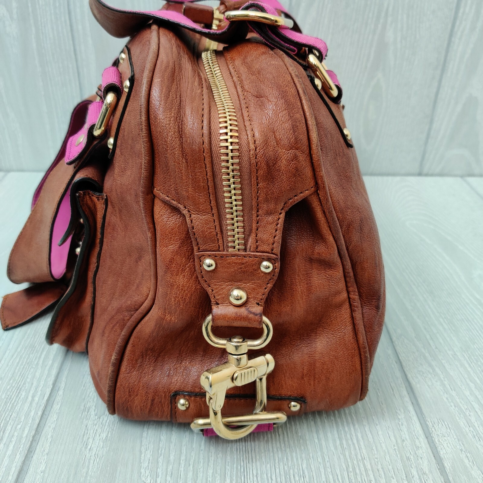 Alessandro Dell Acqua Leather Satchel in Cognac with Fuchsia Trim