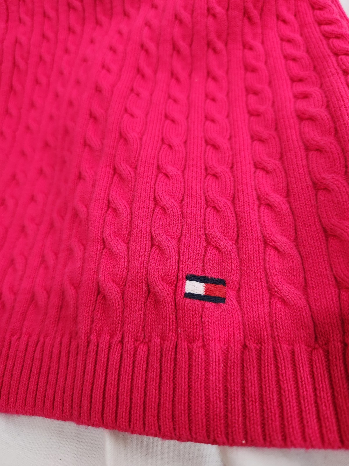 Tommy Hilfiger Women 3X S-Sleeve cable-knit sweater Fuchsia Pink V-Neck Logo
