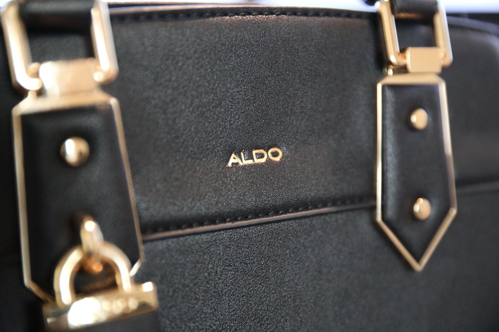 ALDO Black Satchel Top Handle Bag Zip Closure Gold Hardware Detachable Strap