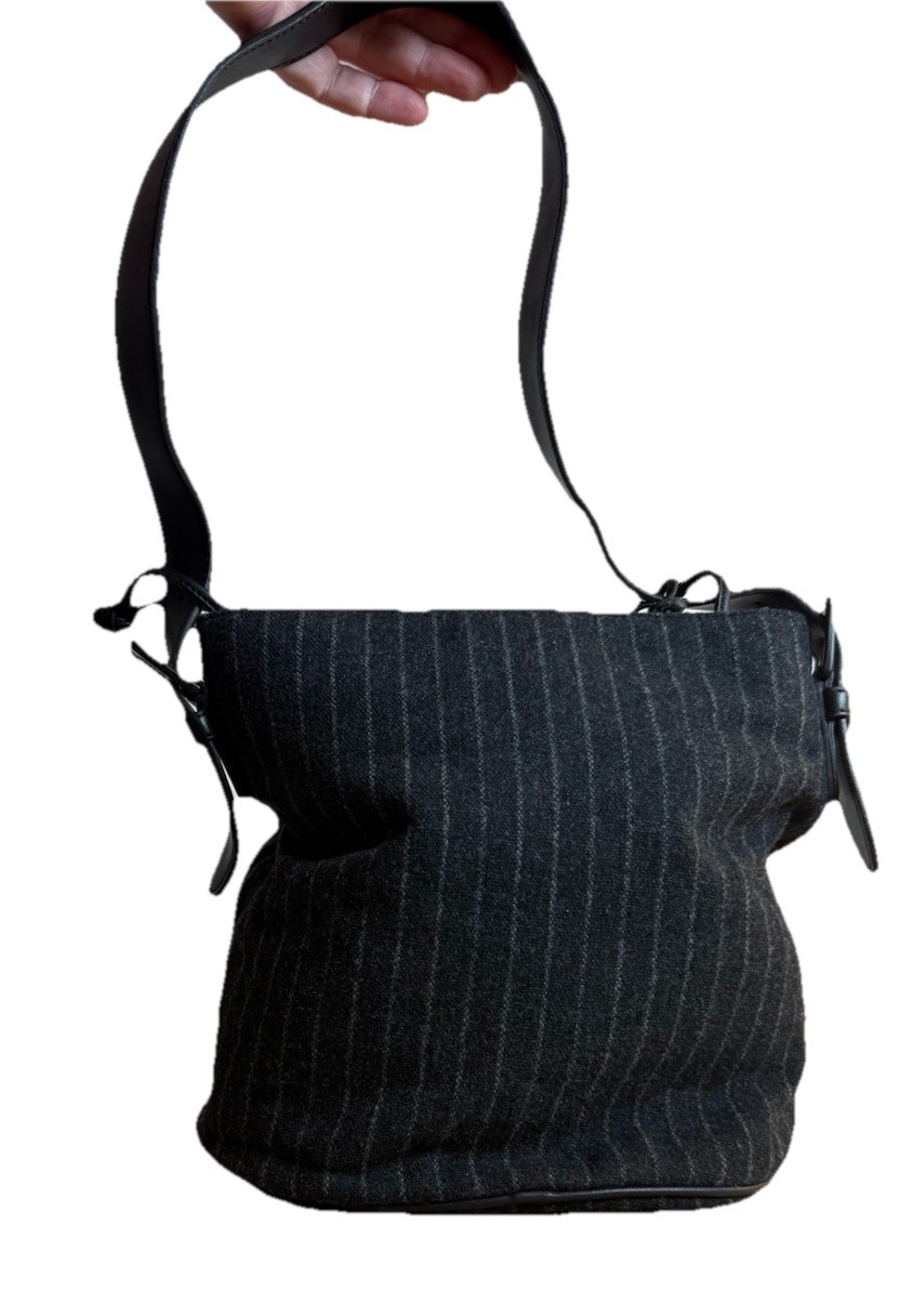 Espirit Wool Shoulder Bag Purse Drk Gray w/Pinstripes Indie Cottage Grunge
