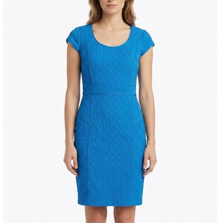 Adrianna Papell Blue Matelasse Sheath Dress Cap Sleeve Textured Size 6