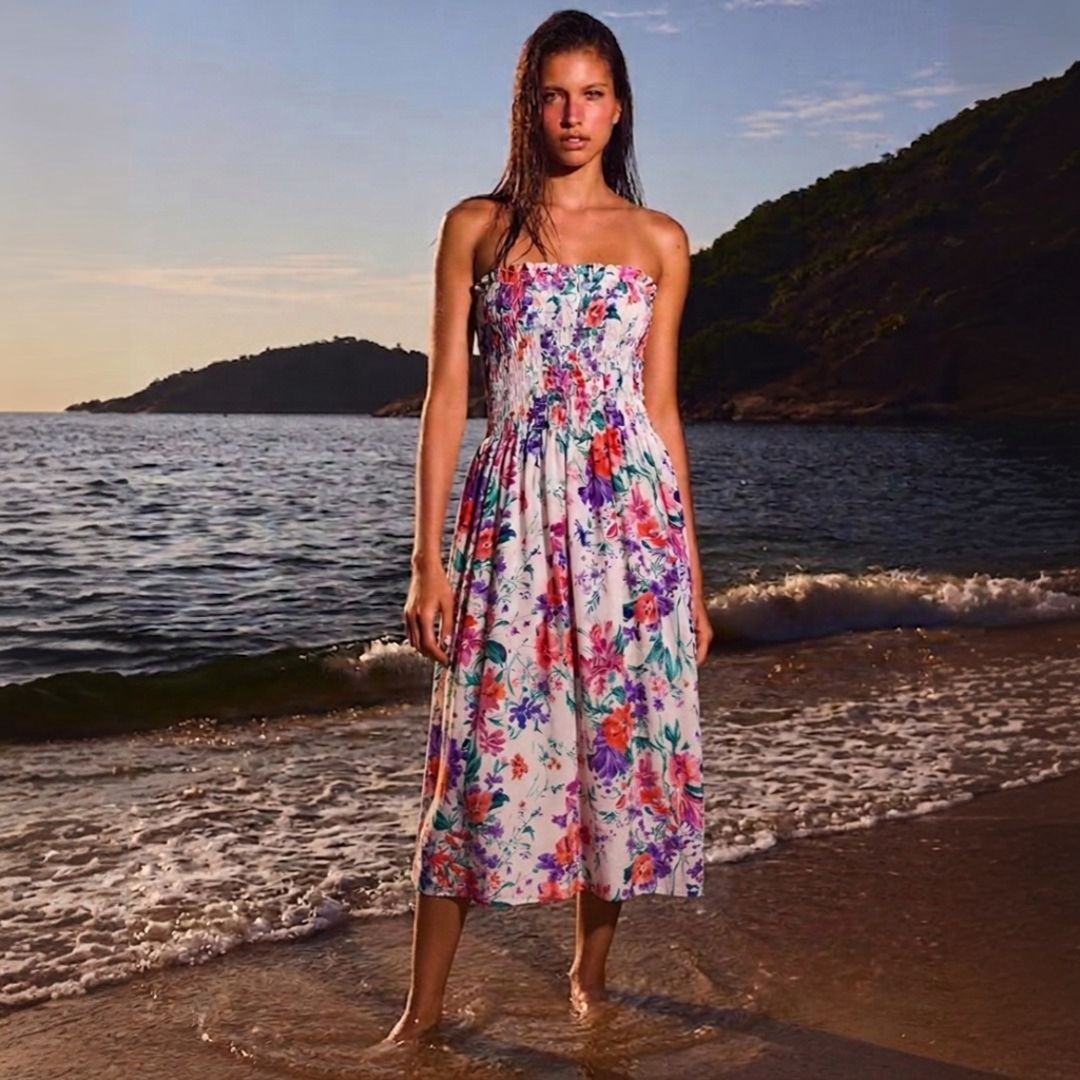 ASOS Floral Strapless Smocked Midi Dress Women’s 8 White Multicolor 05970025 NWT