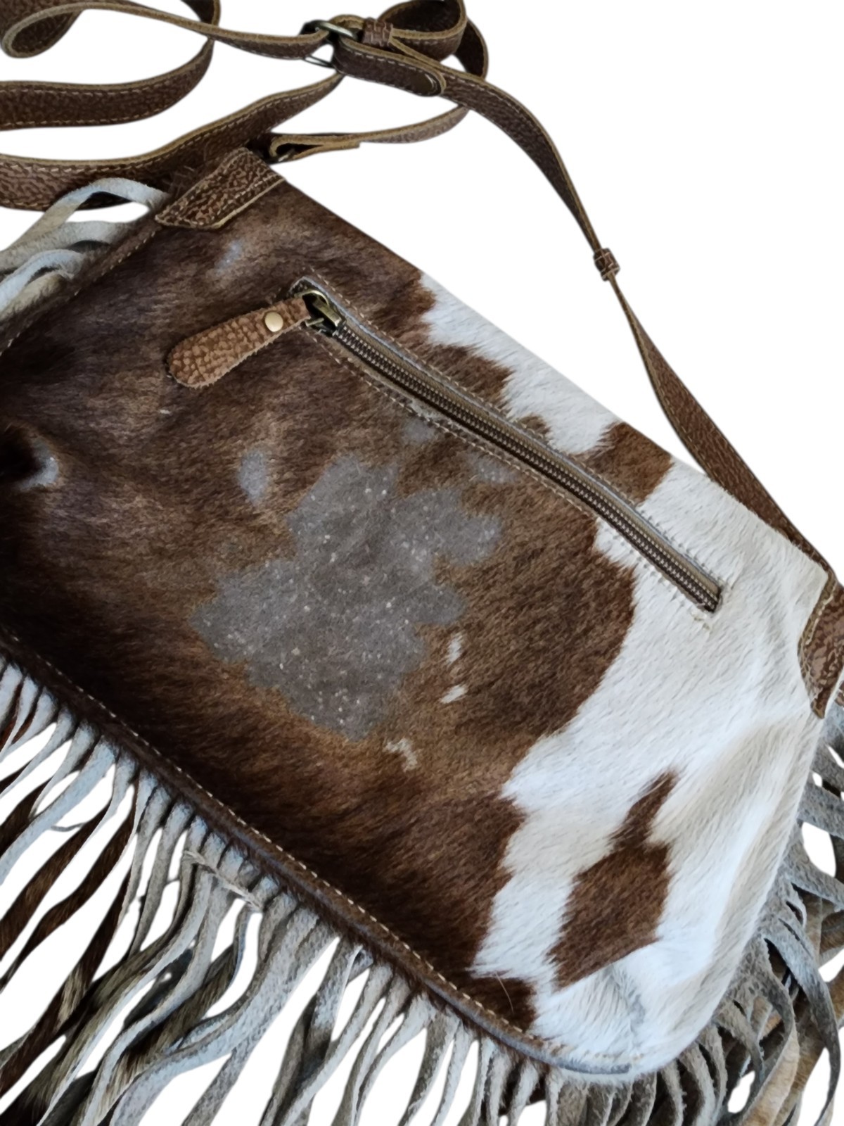 Myra Western Fringe Cowhide Animal Print Shoulder Bag Brown White